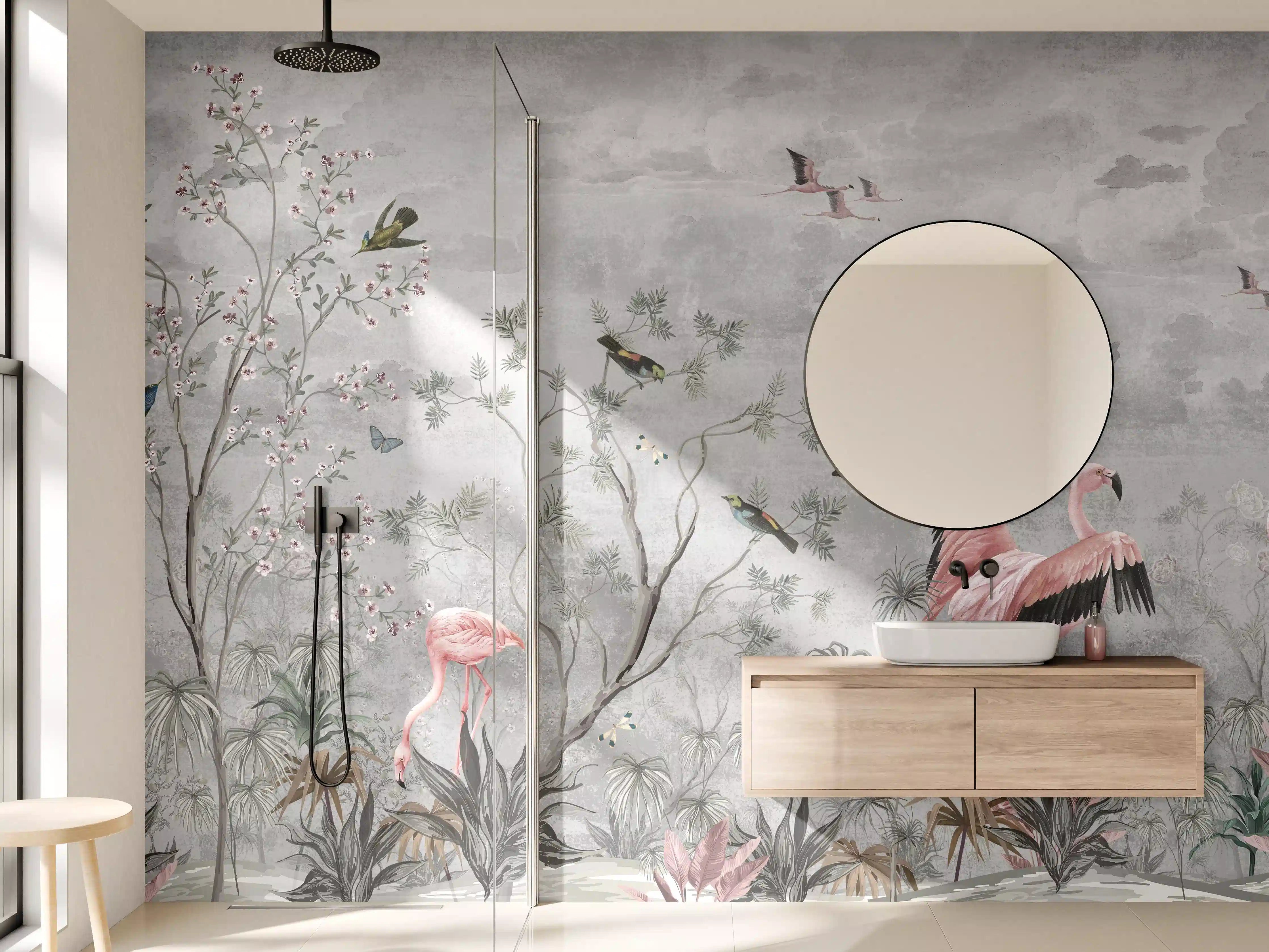 Wandverkleidung Bad - Vintage Dschungel Flamingo Tapete