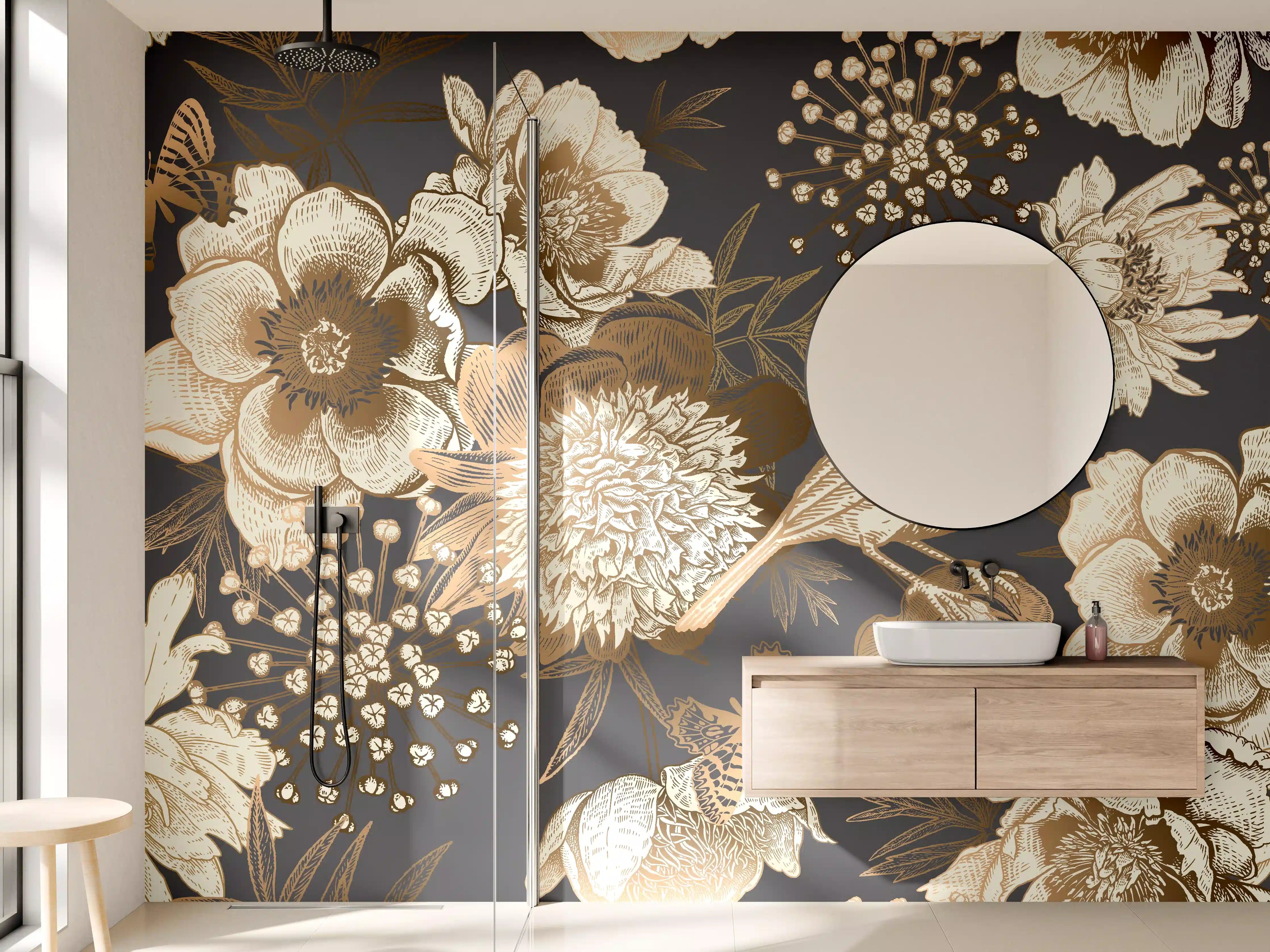 Wandverkleidung Bad - Vintage Gold-Pfingstrosen-Muster