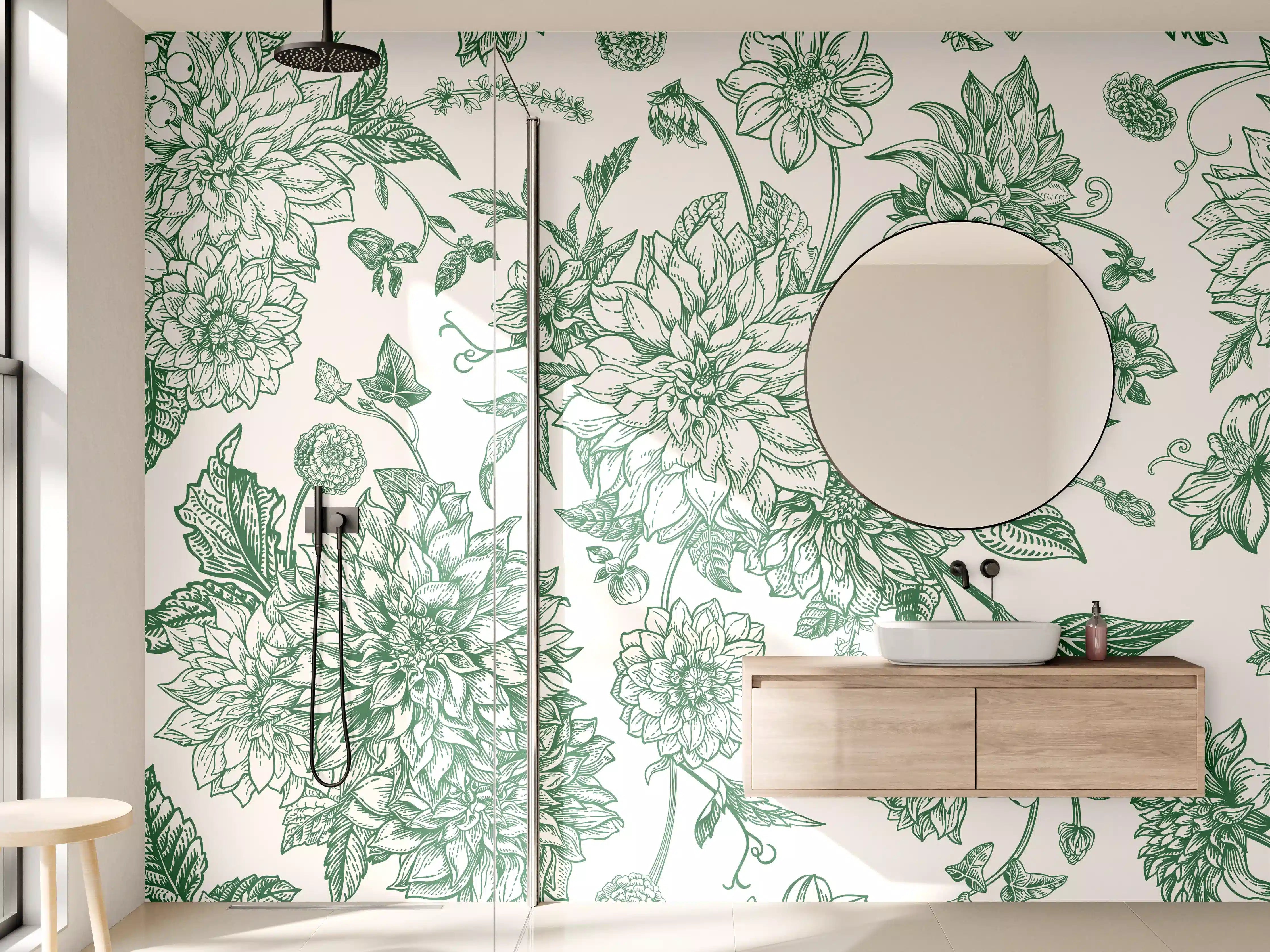 Wandverkleidung Bad - Vintage Grün Blumen Lineart