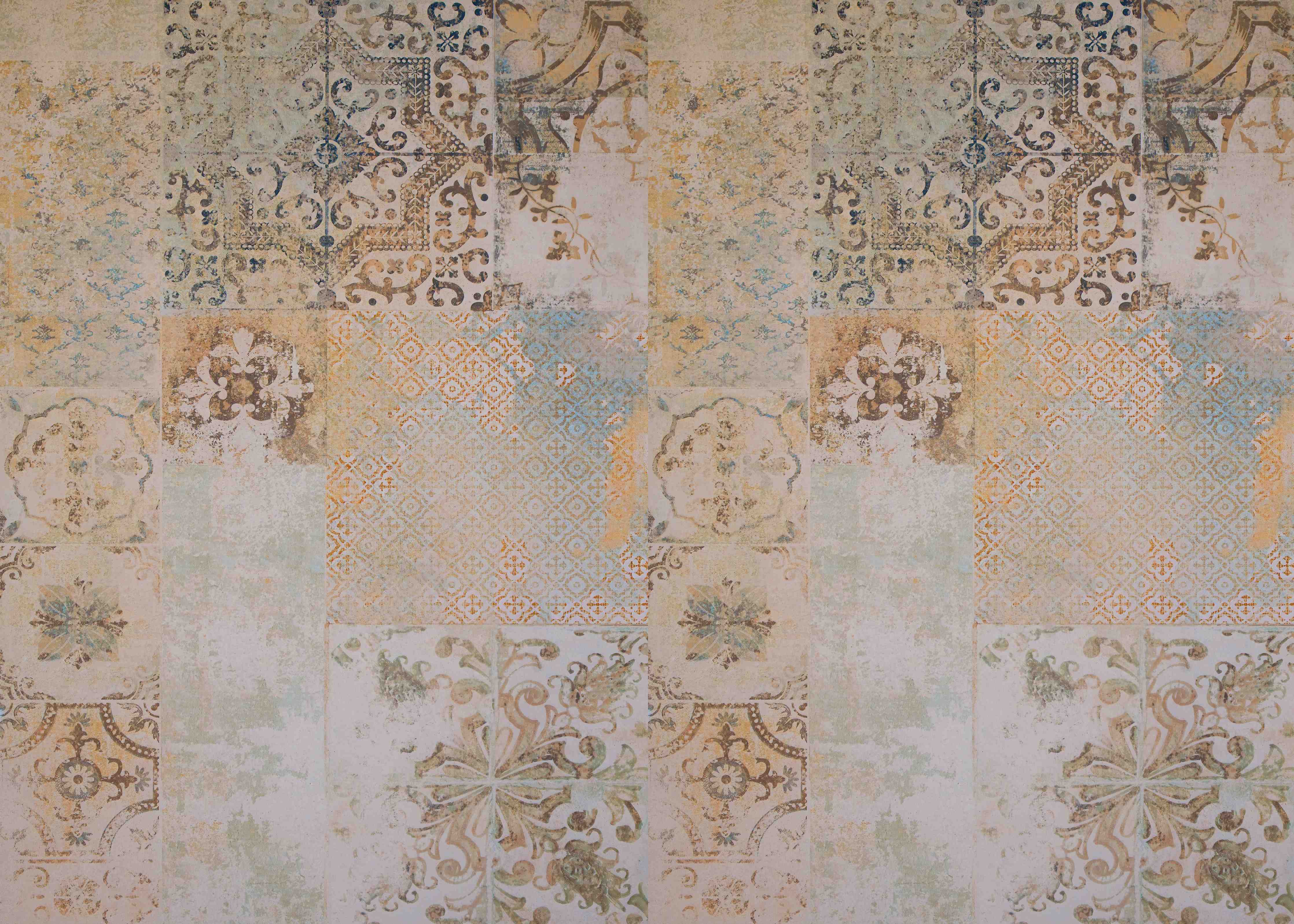 Wandverkleidung Bad-Vintage-Patchwork Fliesen Beige-Türkis
