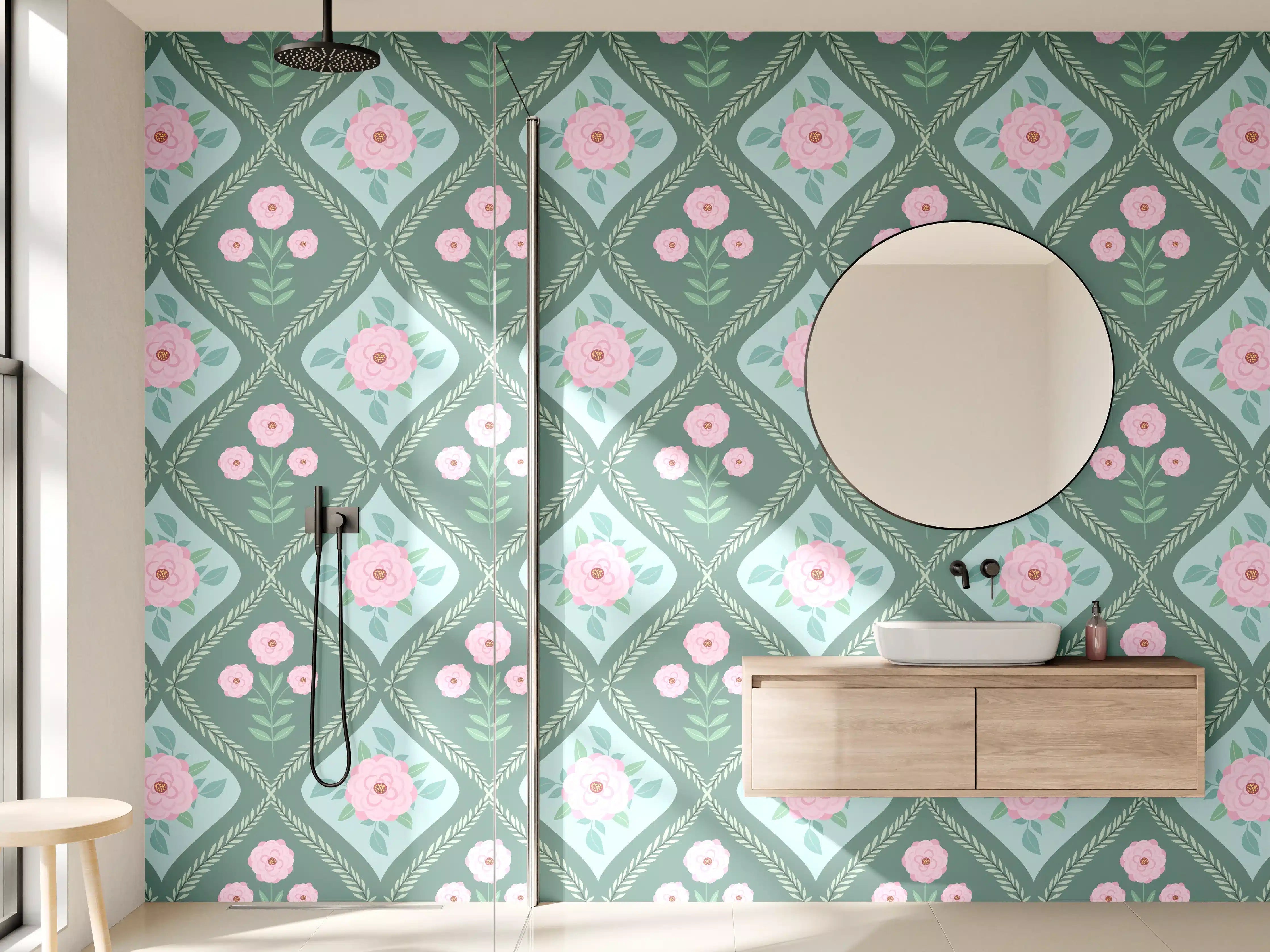 Wandverkleidung Bad - Vintage Rosen Tapete Grün-Rosa