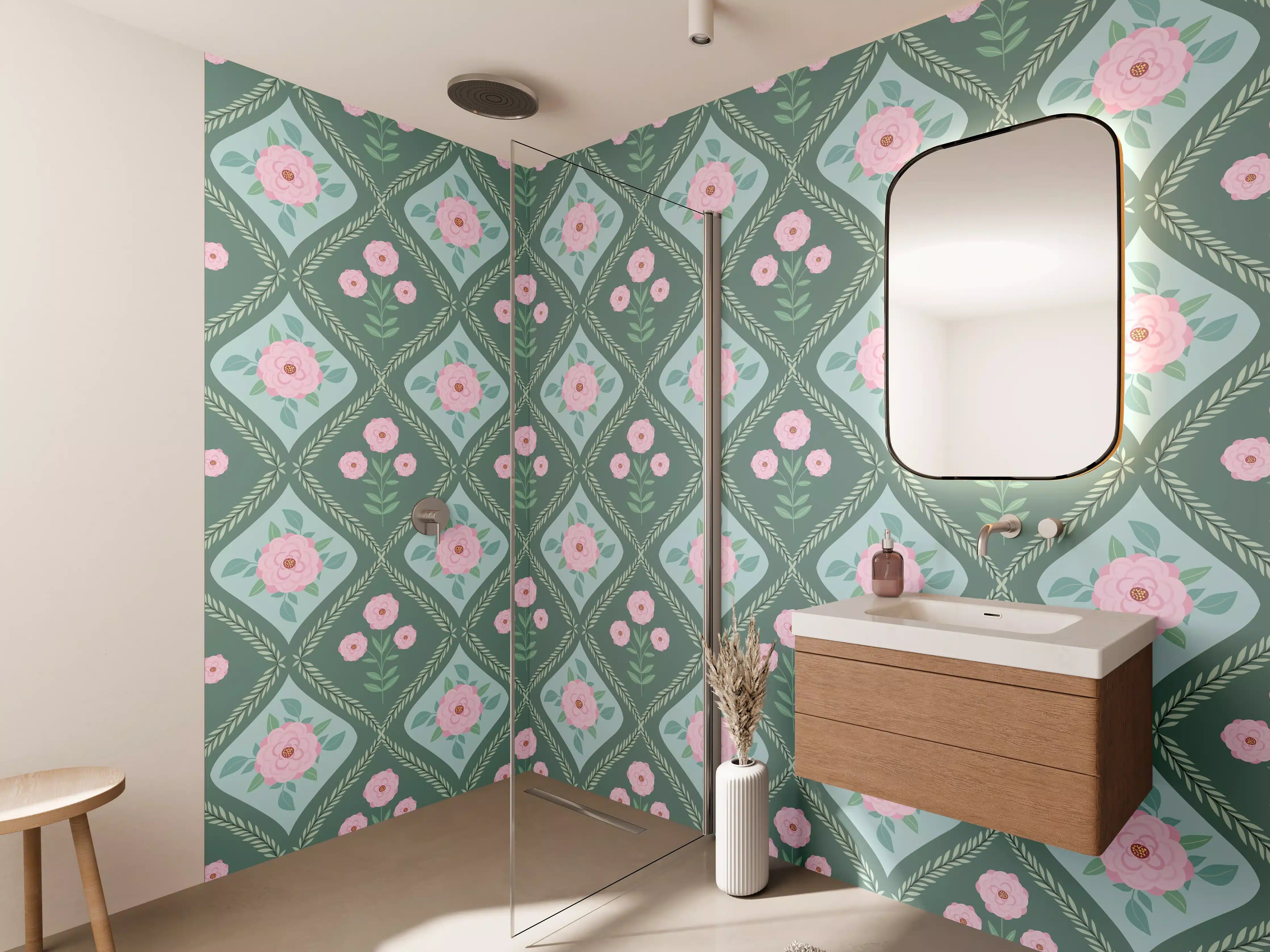 Wandverkleidung Bad - Vintage Rosen Tapete Grün-Rosa