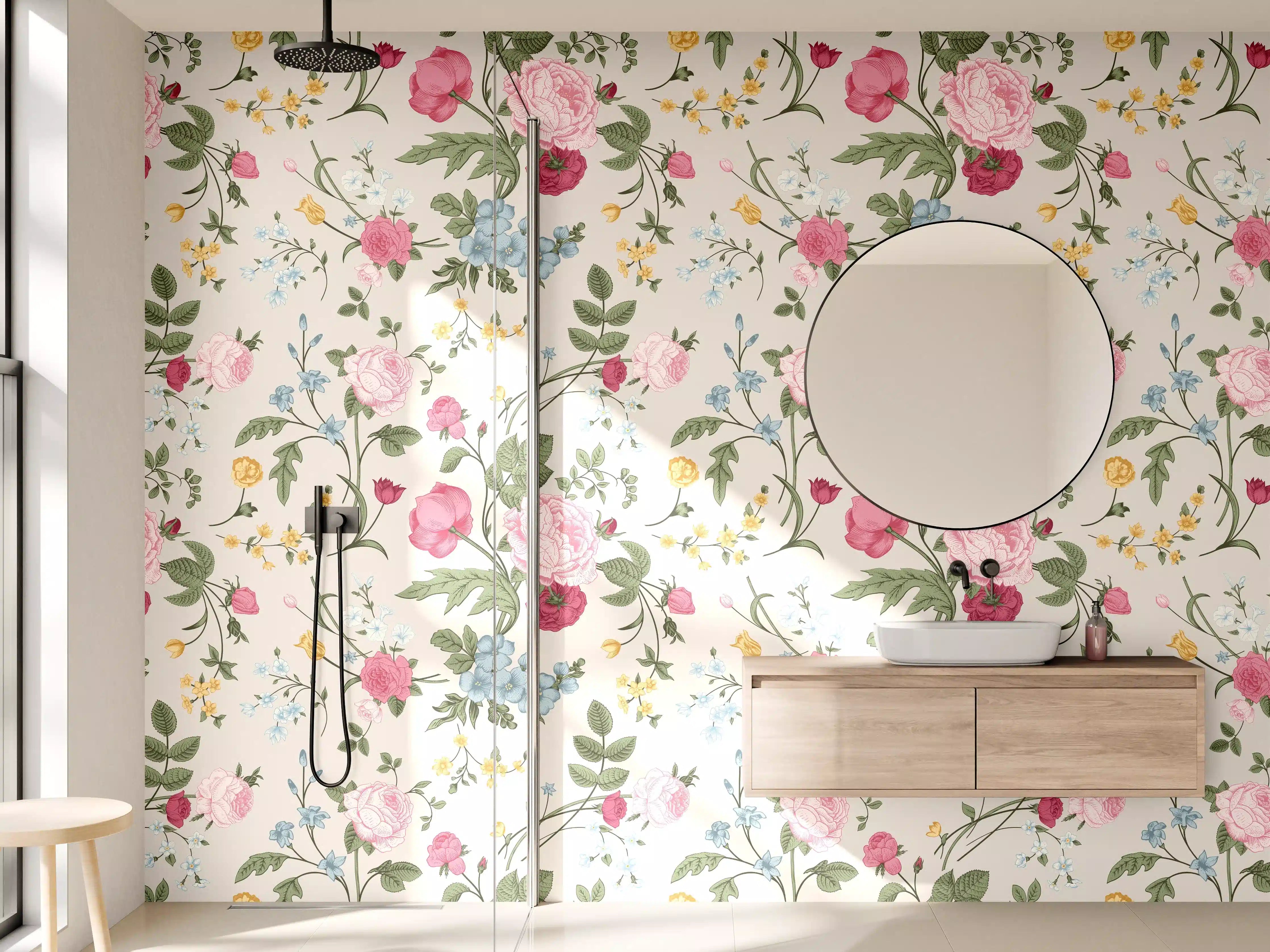 Wandverkleidung Bad - Vintage Rosenmuster Rosa-Beige