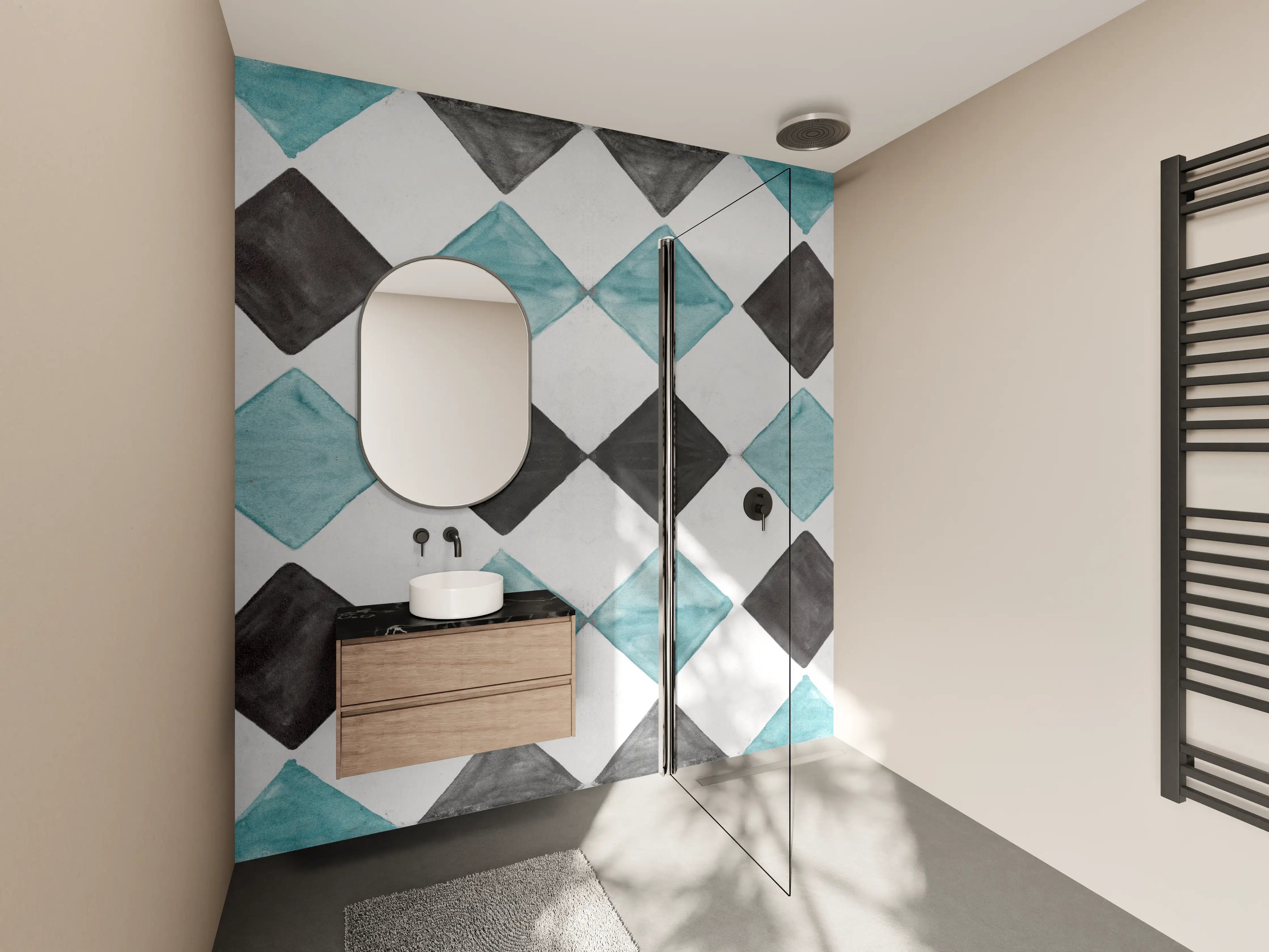 Wandverkleidung Bad - Vintage-Türkis-Schwarz-Weiß-Mosaik