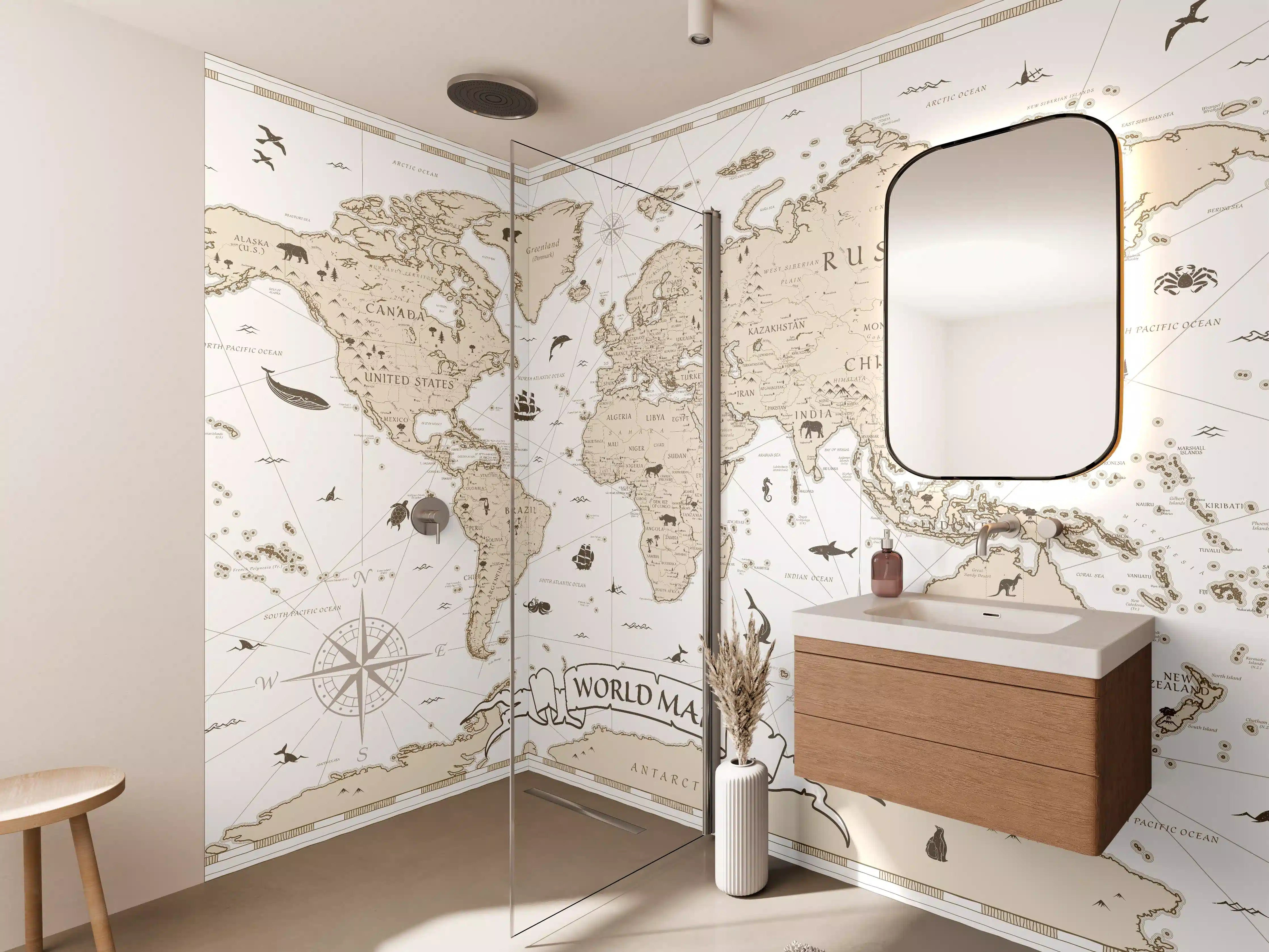 Wandverkleidung Bad - Vintage Weltkarte in Beige