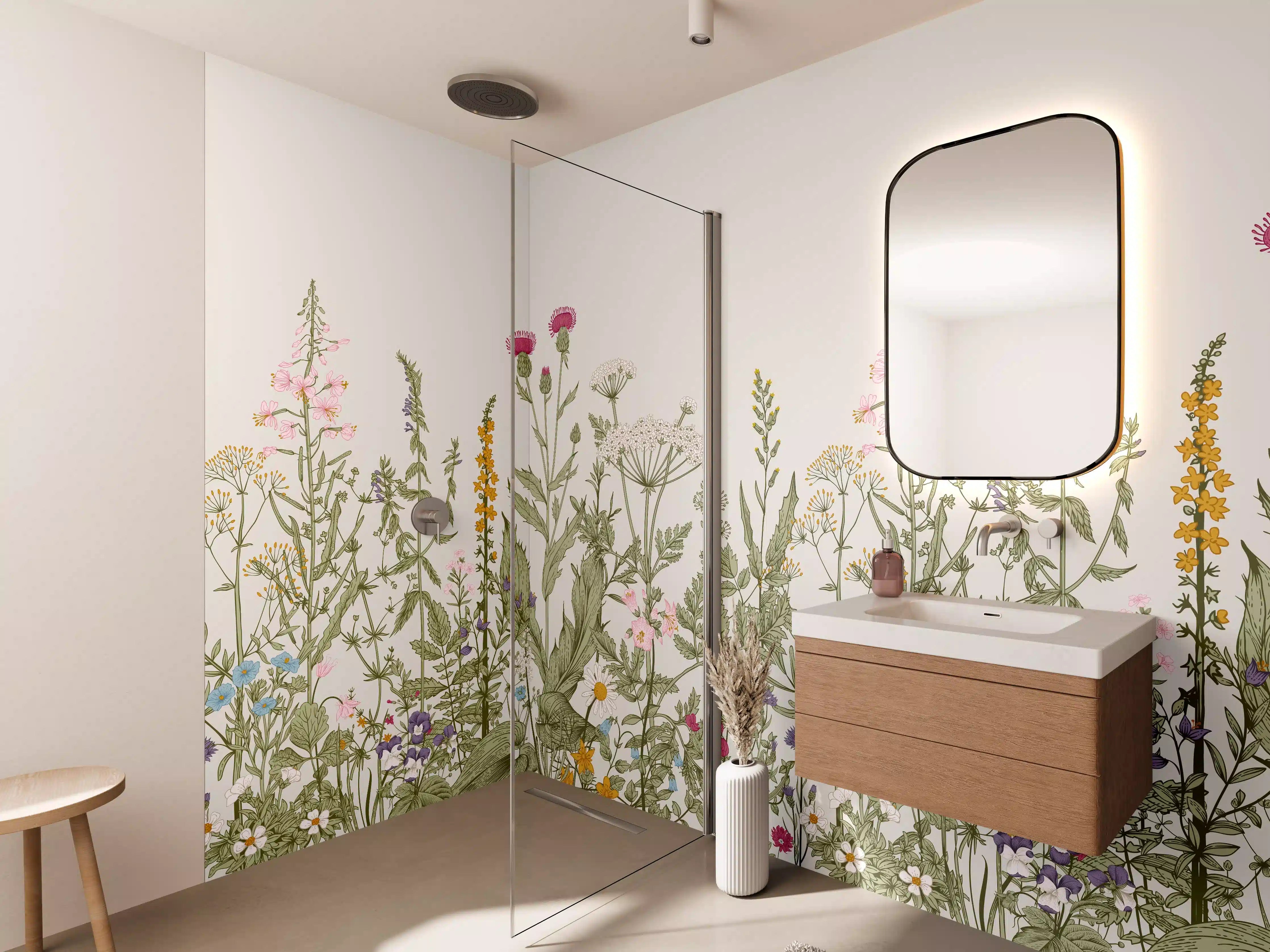 Wandverkleidung Bad - Vintage Wiesenblumen Bordüre Beige-Grün