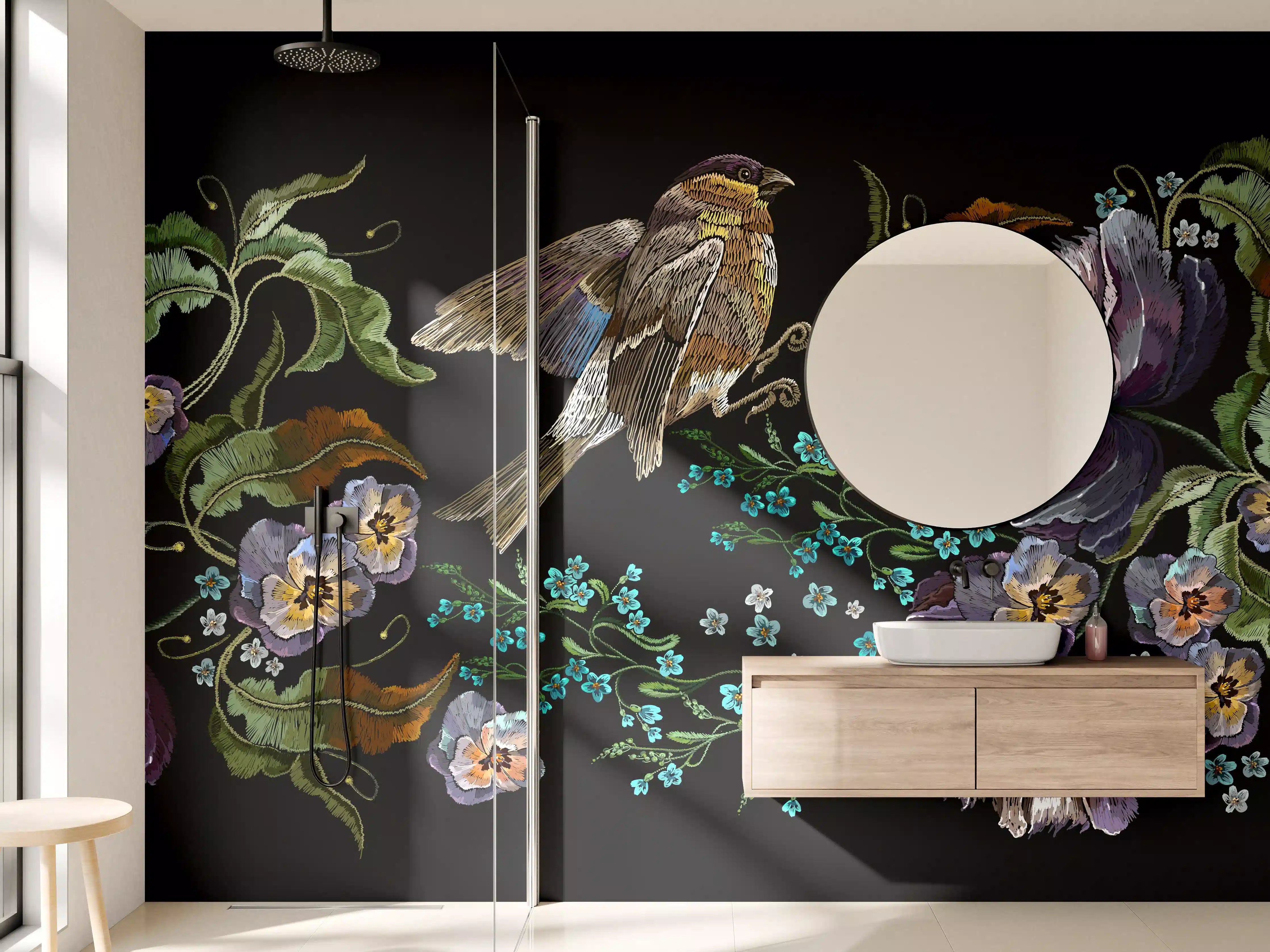 Wandverkleidung Bad - Violette Blumen Vogelmuster Stickerei
