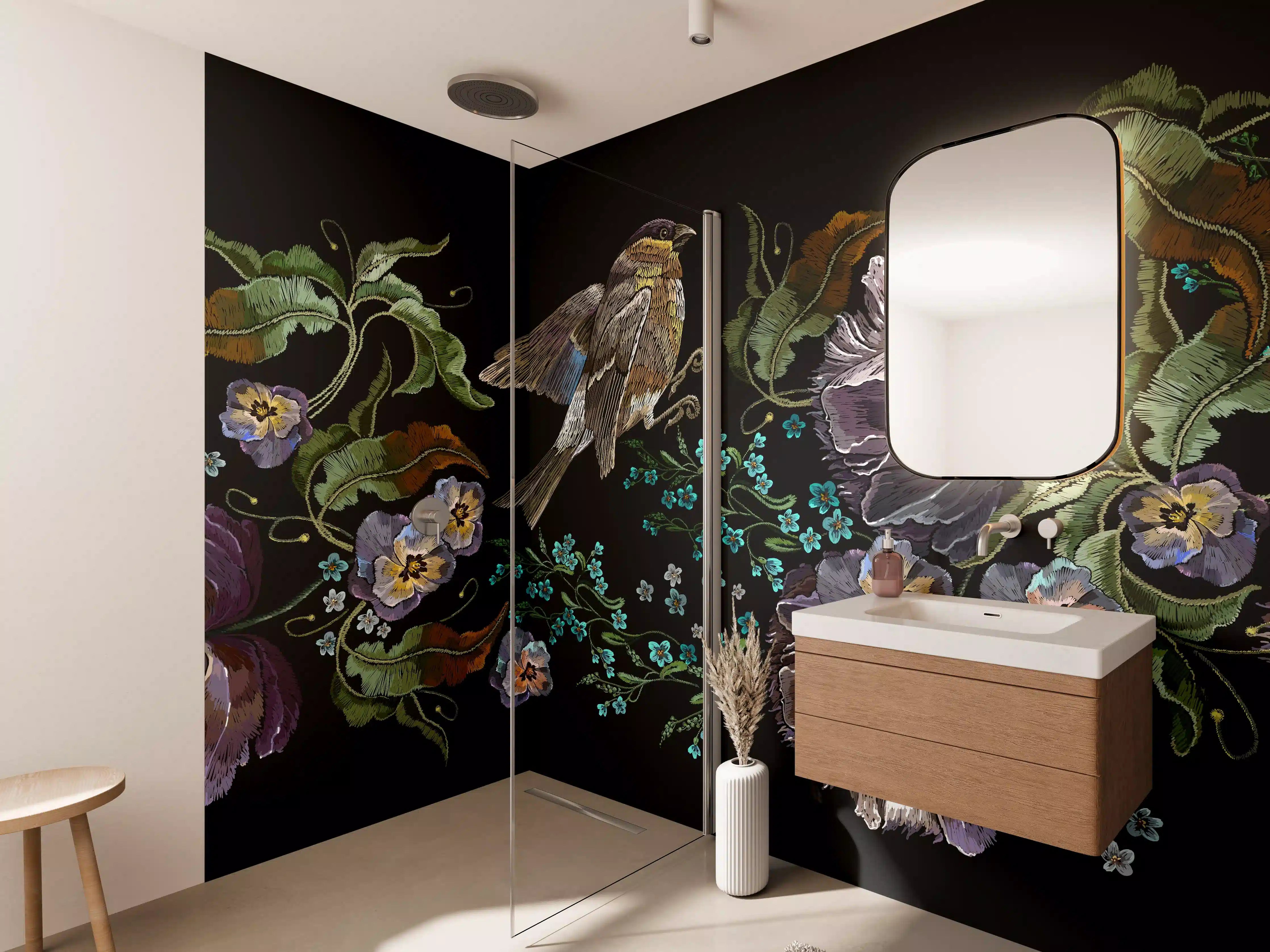 Wandverkleidung Bad - Violette Blumen Vogelmuster Stickerei