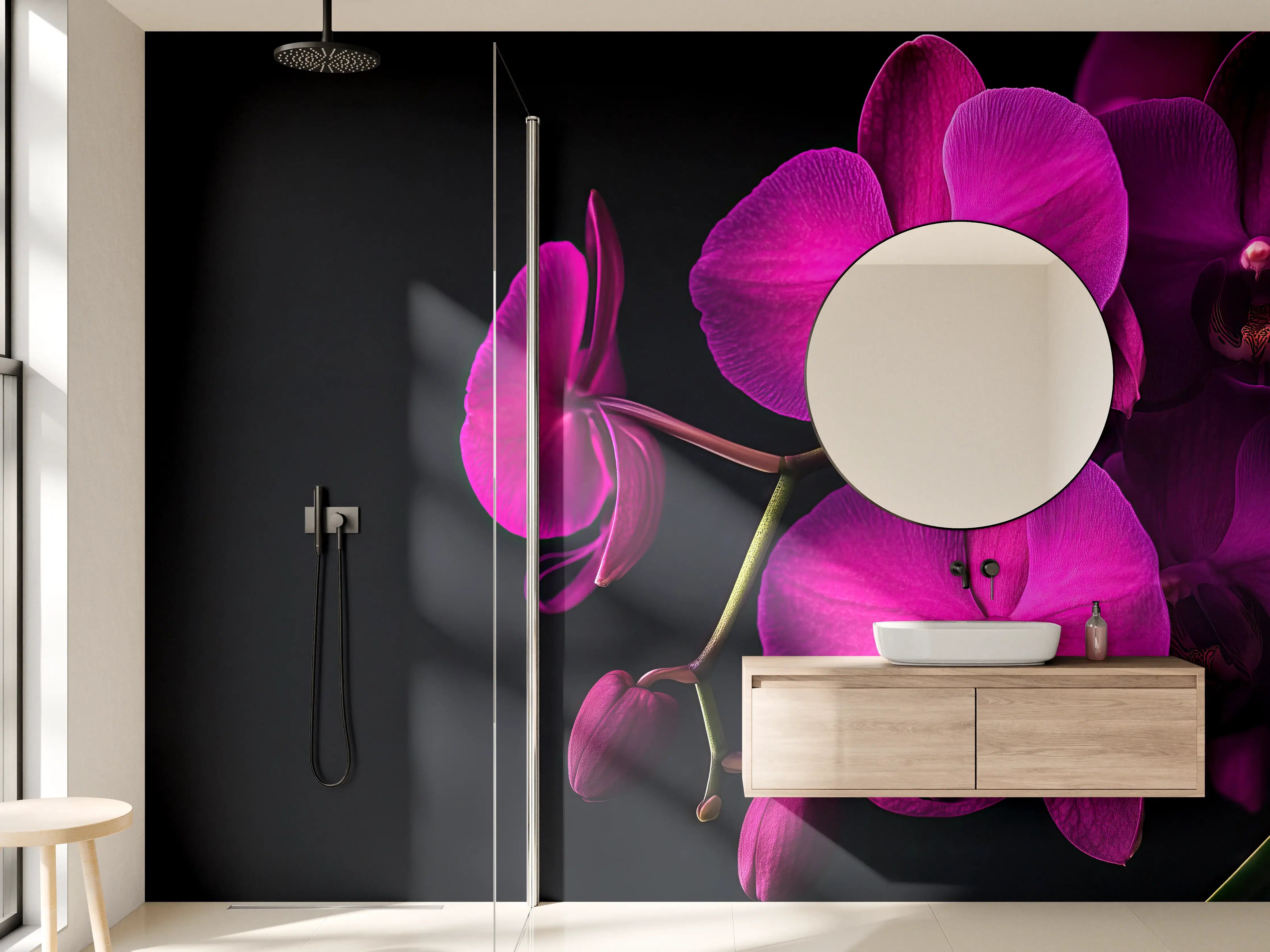 Wandverkleidung Bad - Violette Orchideen auf Schwarz