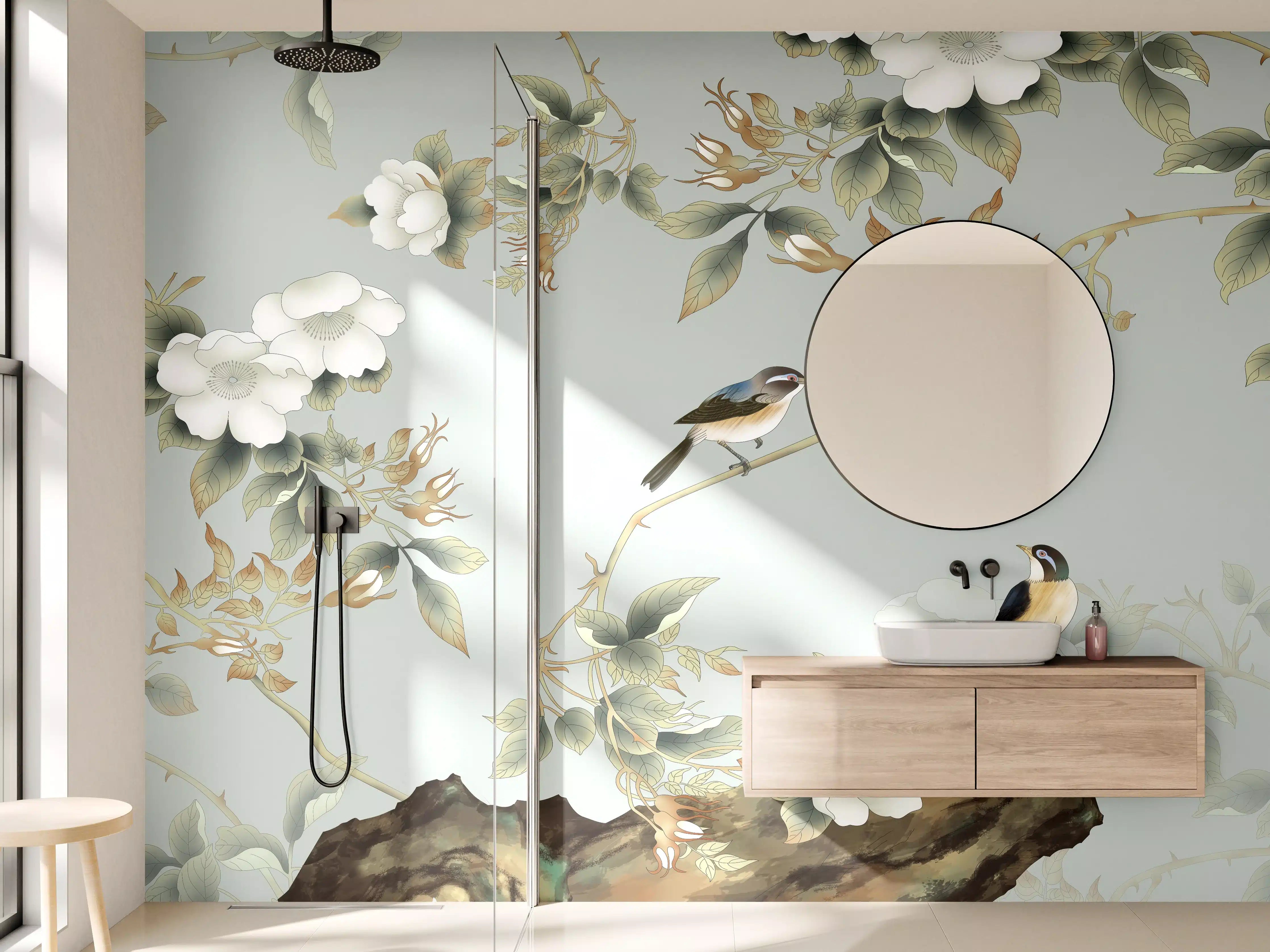 Wandverkleidung Bad - Vögel Natur Illustration auf grauem Hintergrund