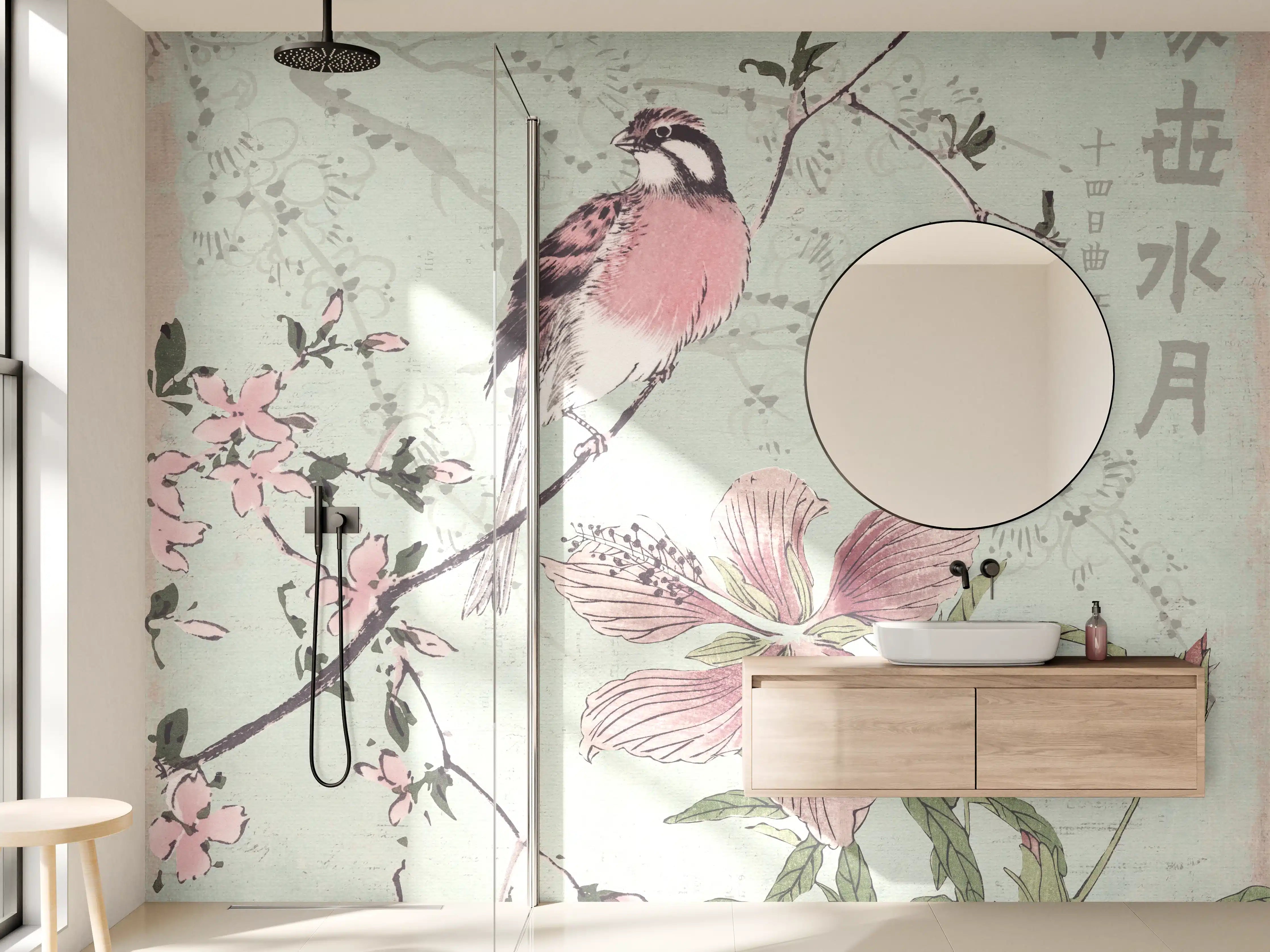 Wandverkleidung Bad - Vogel Zeichnung - Floral
