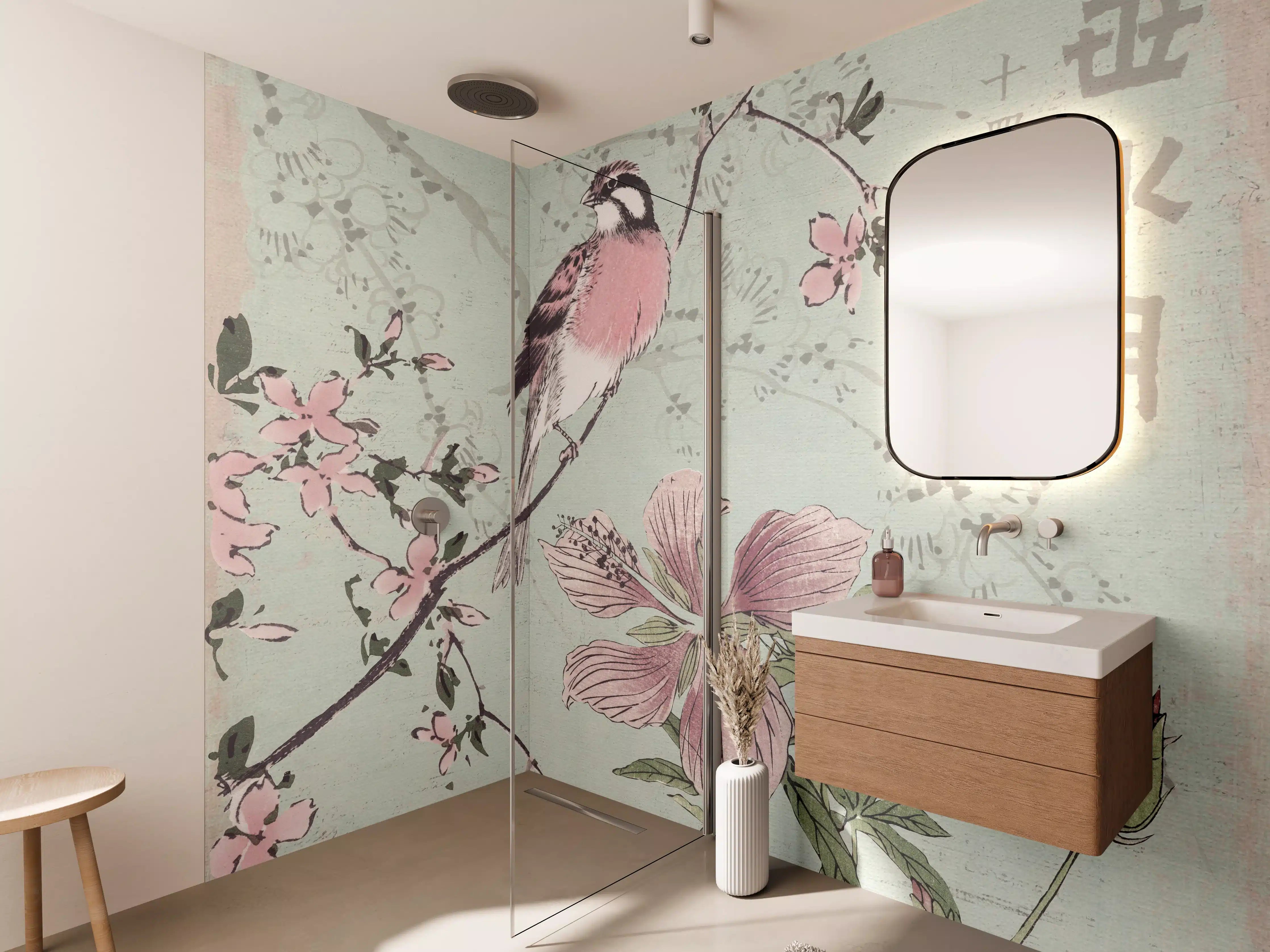 Wandverkleidung Bad - Vogel Zeichnung - Floral