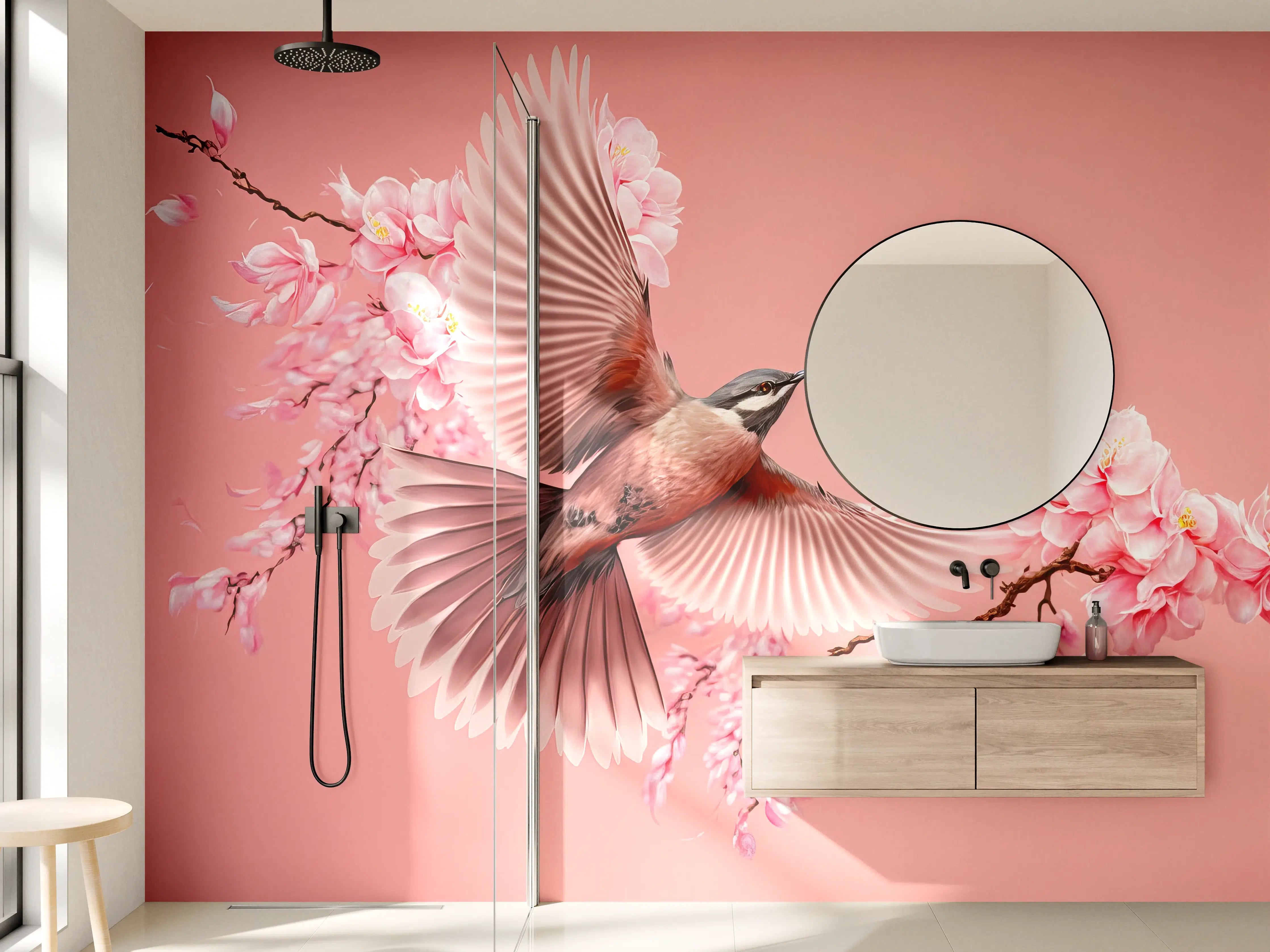 Wandverkleidung Bad - Vogel und Kirschblüten Pink