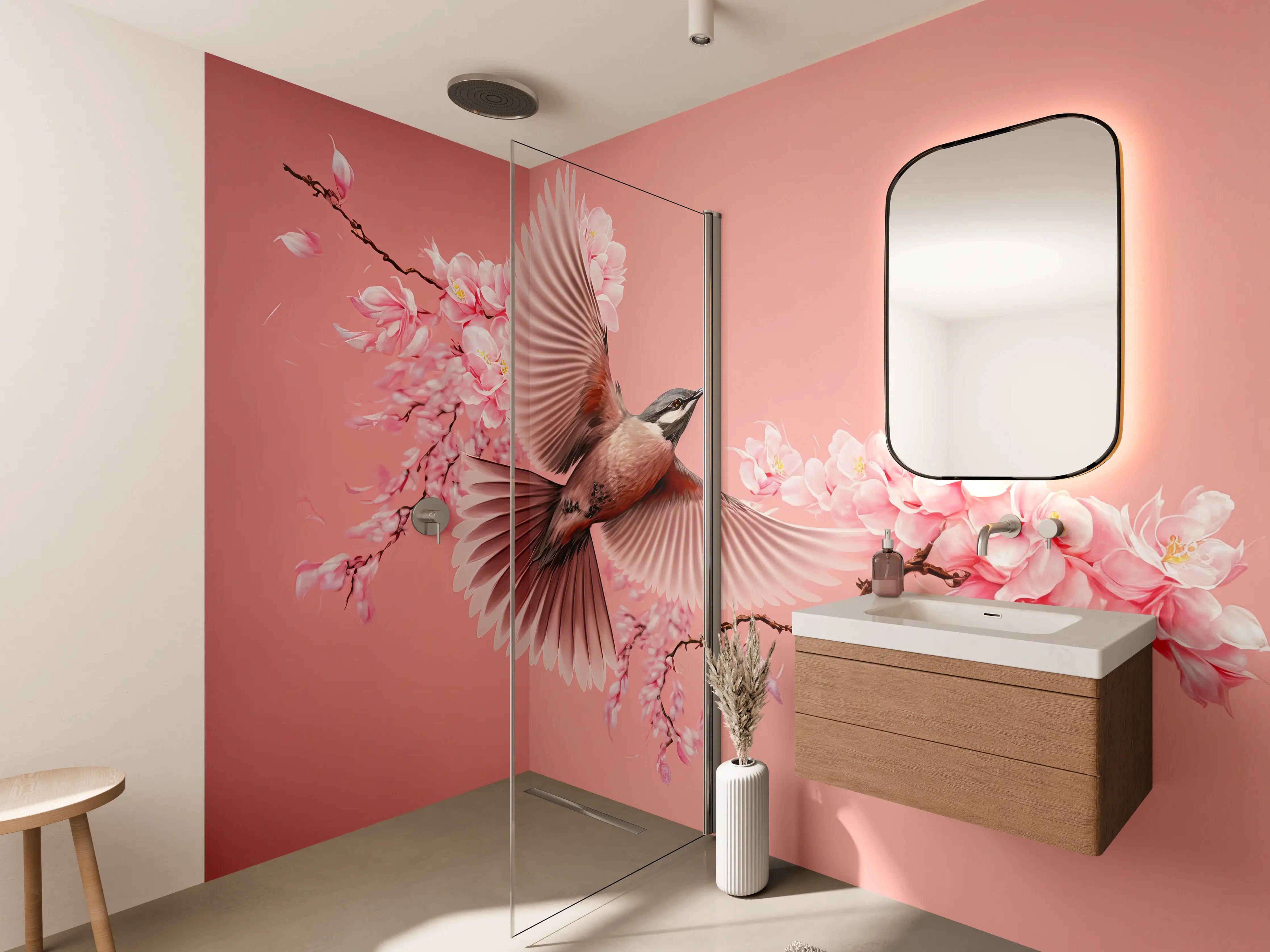 Wandverkleidung Bad - Vogel und Kirschblüten Pink