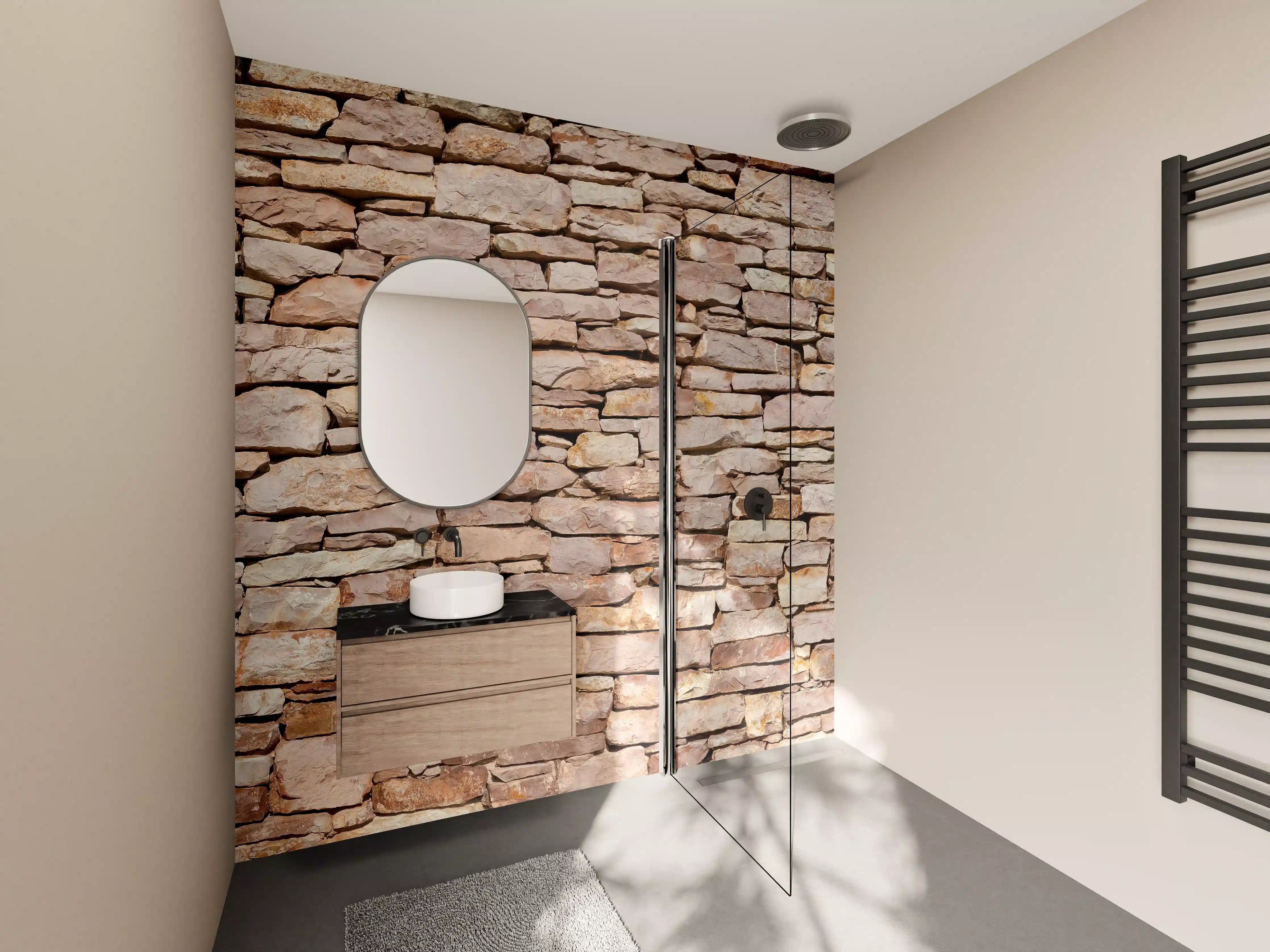 Wandverkleidung Bad - Wärme in grauen Steinfarben