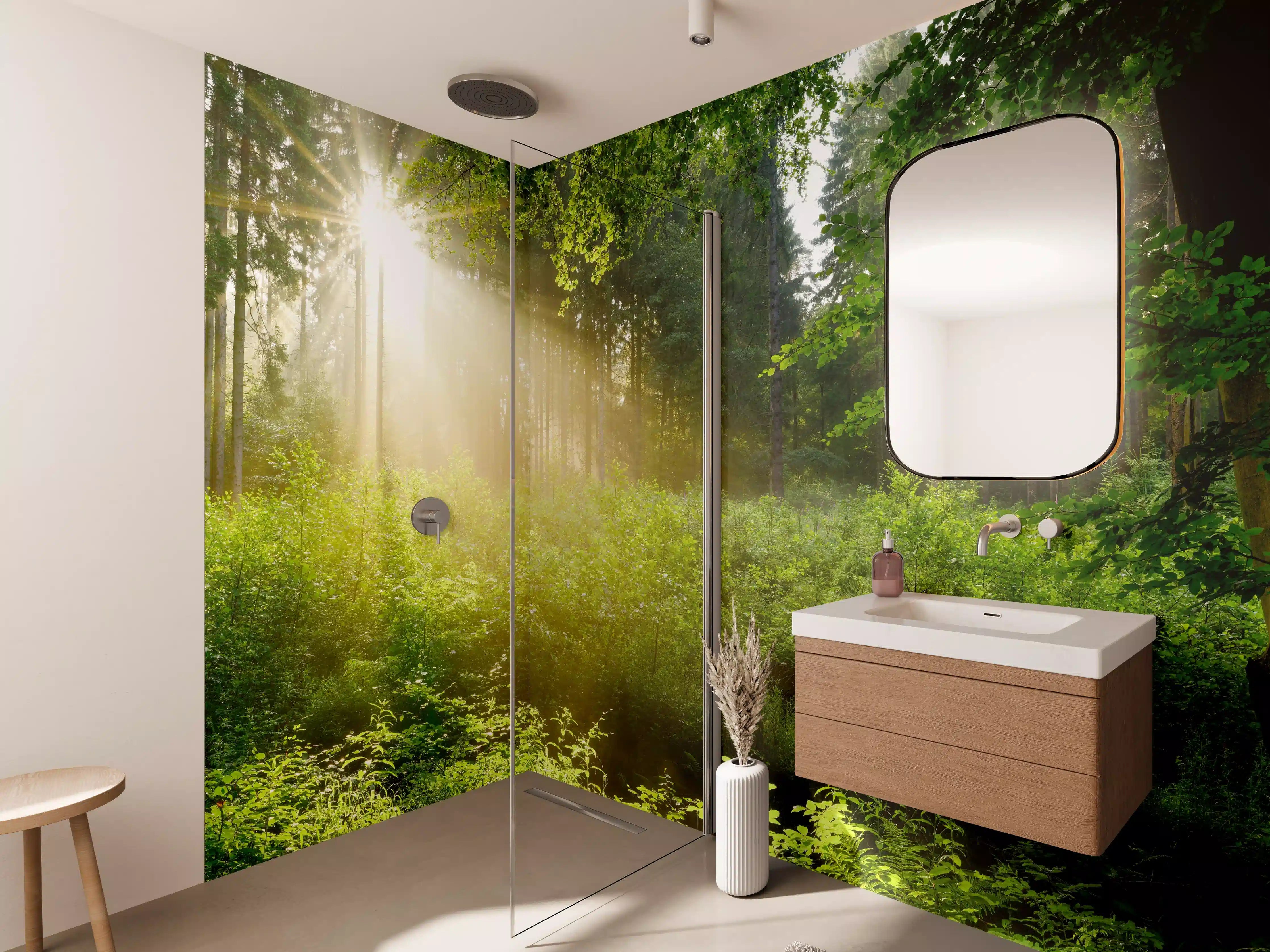 Wandverkleidung Bad - Wald bei Sonnenlicht mit grünen Bäumen
