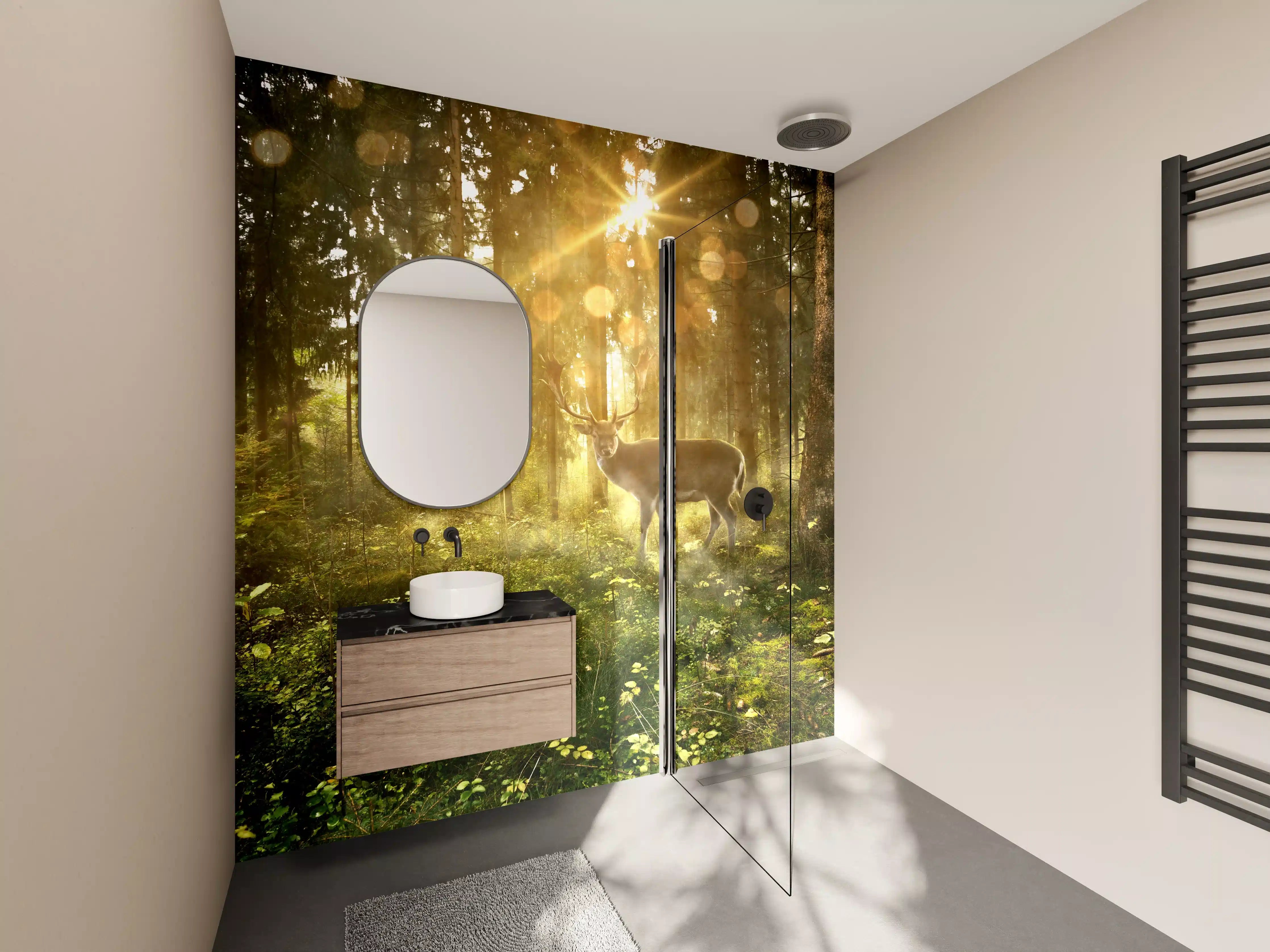 Wandverkleidung Bad - Waldlandschaft mit scheuem Hirsch im Sonnenlicht