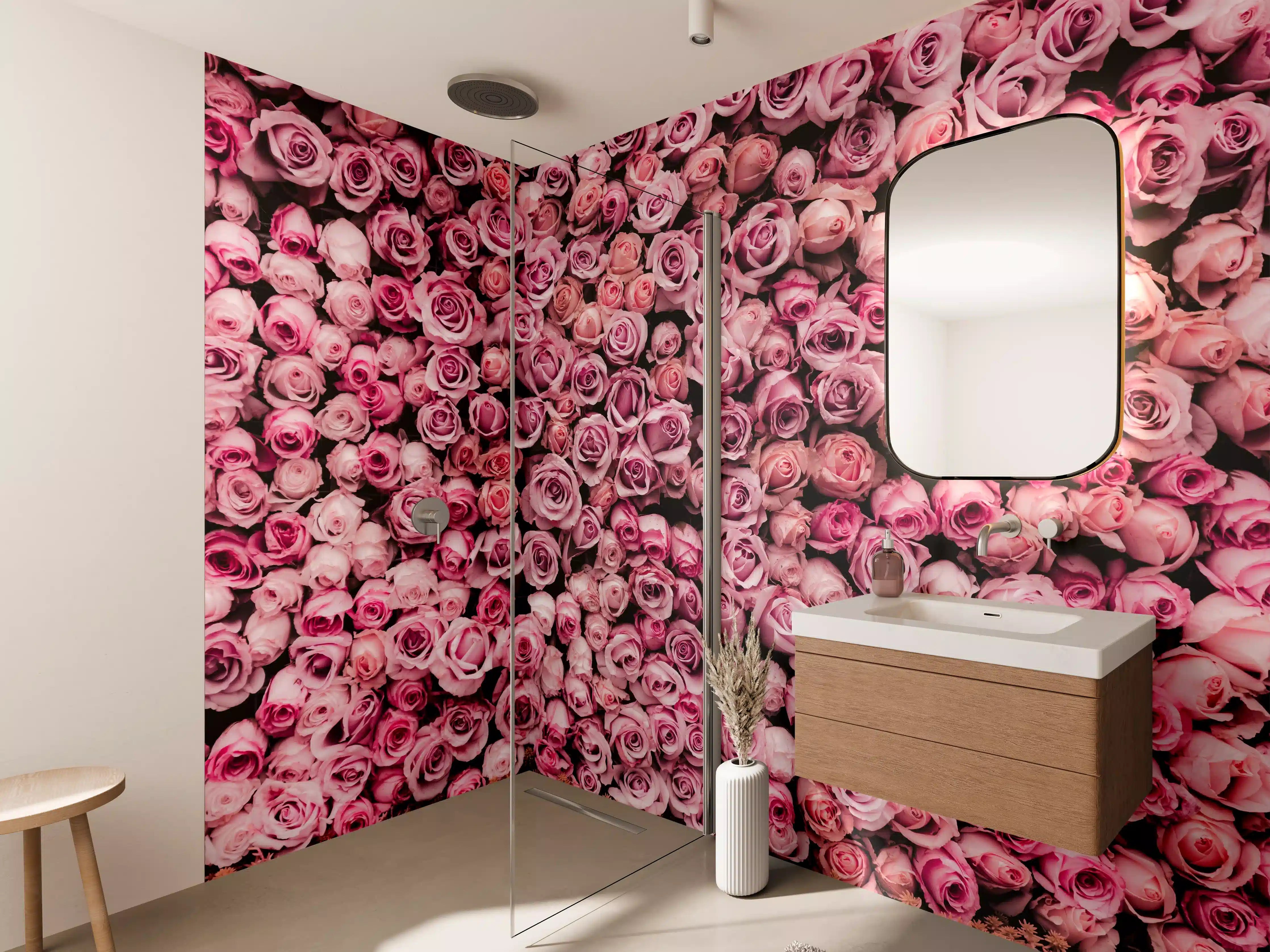 Wandverkleidung Bad - Wand aus frischen Rosen