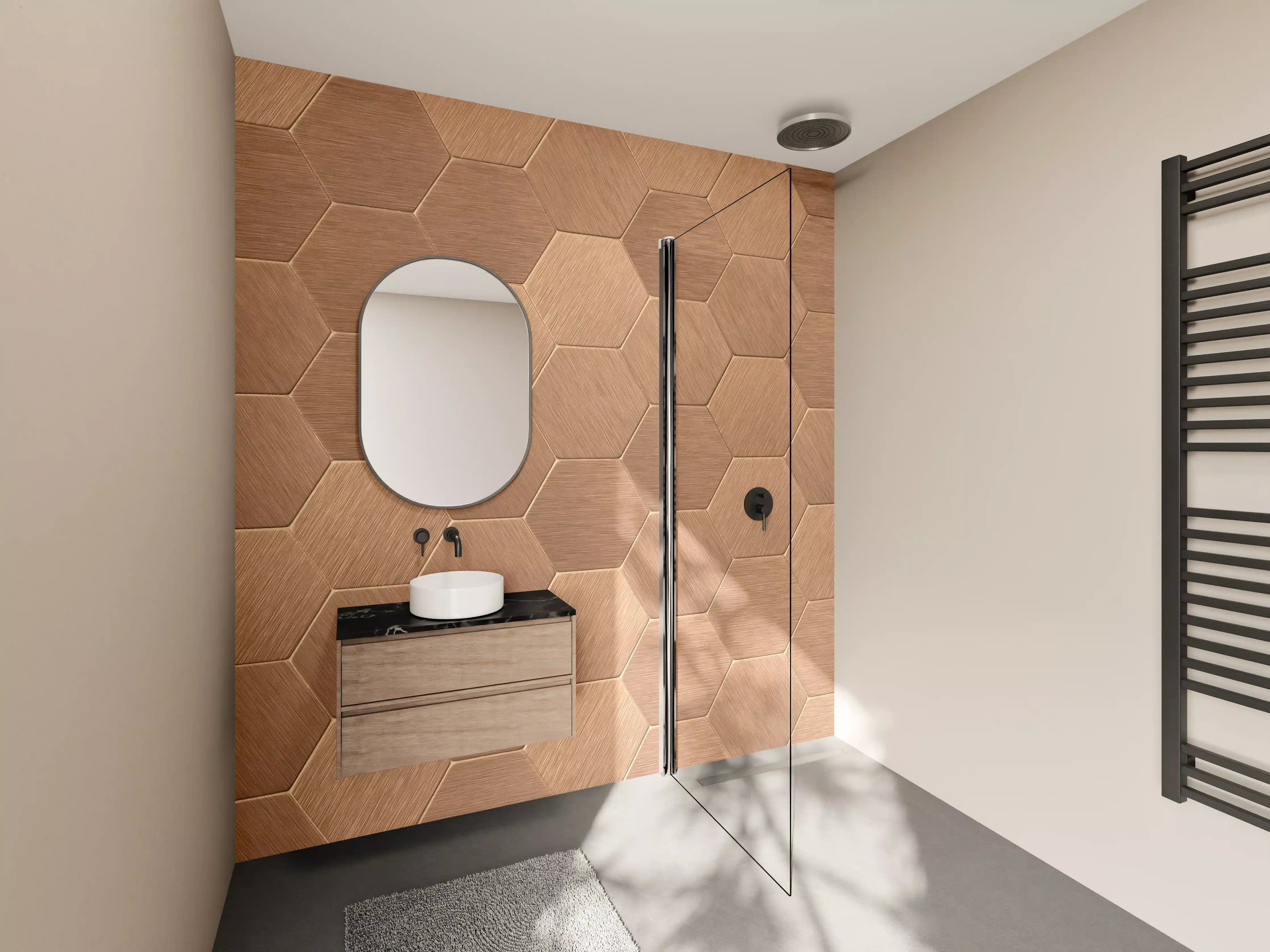 Wandverkleidung Bad - Wandverkleidung aus warmem Holz mit Hexagon-Muster