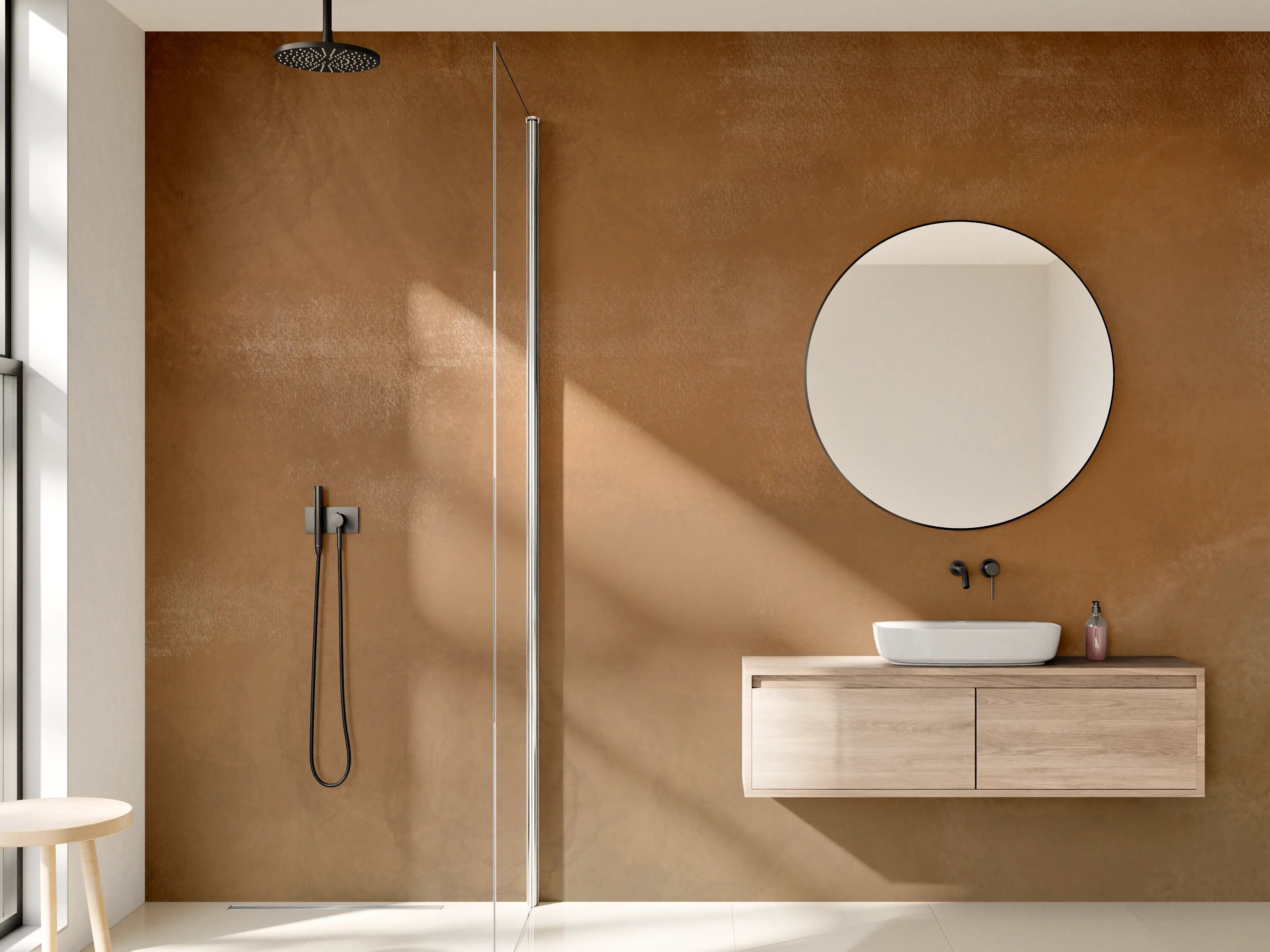 Wandverkleidung Bad - Warme Erdtöne mit Metallic-Effekt