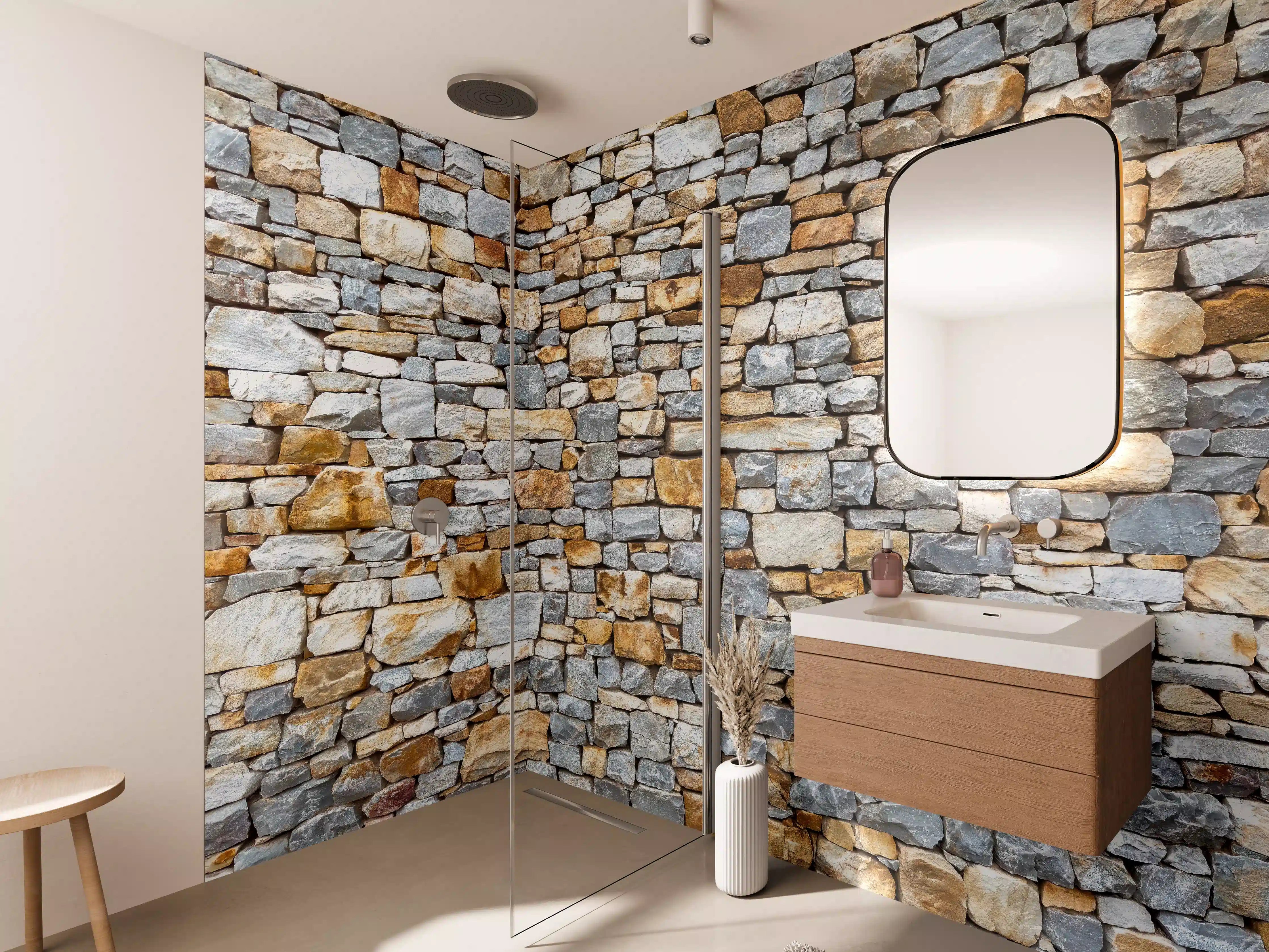 Wandverkleidung Bad - Warme Grautöne Natursteinmauer