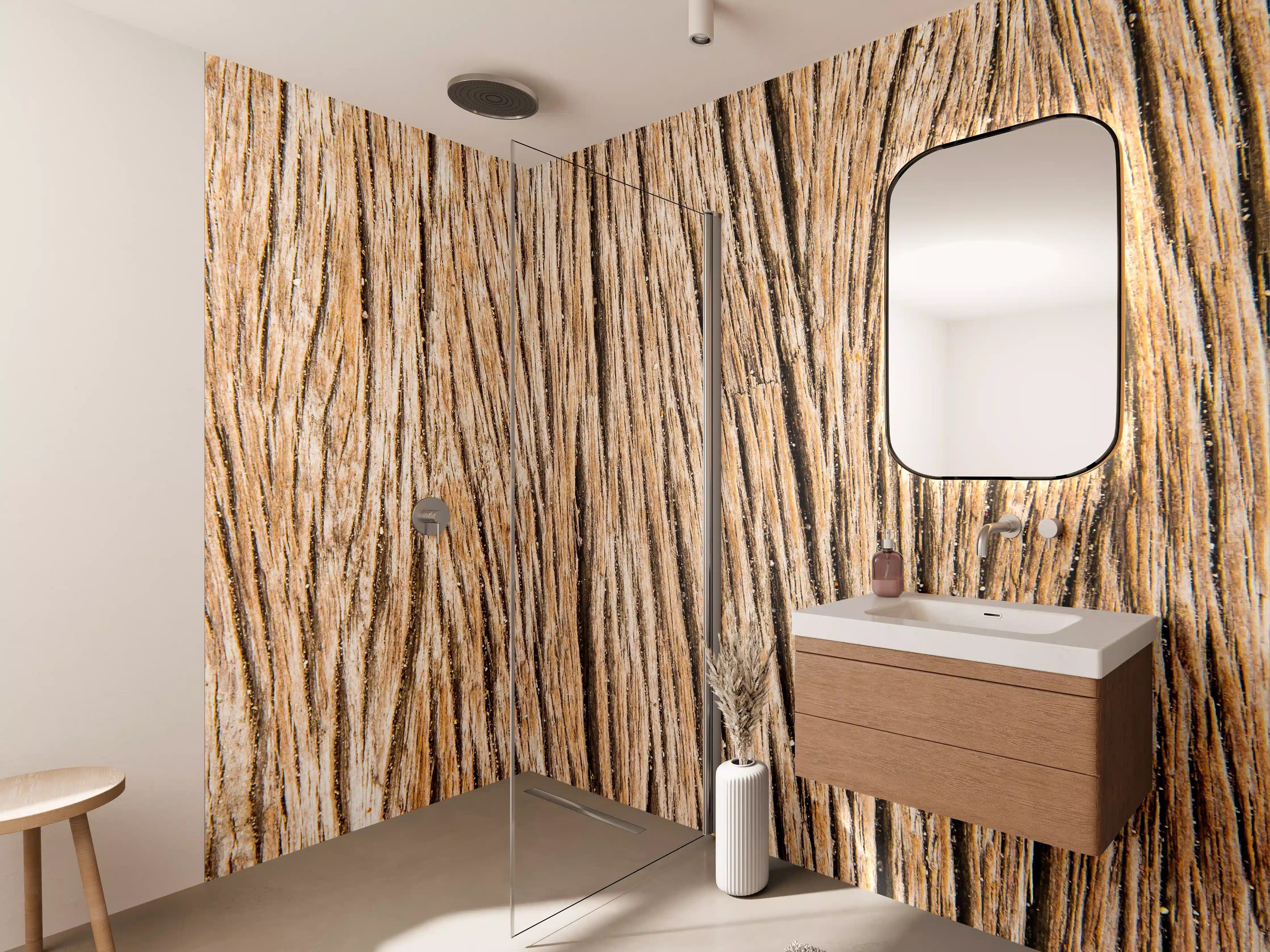 Wandverkleidung Bad - Warme Holzmaserung in Beige und Grau