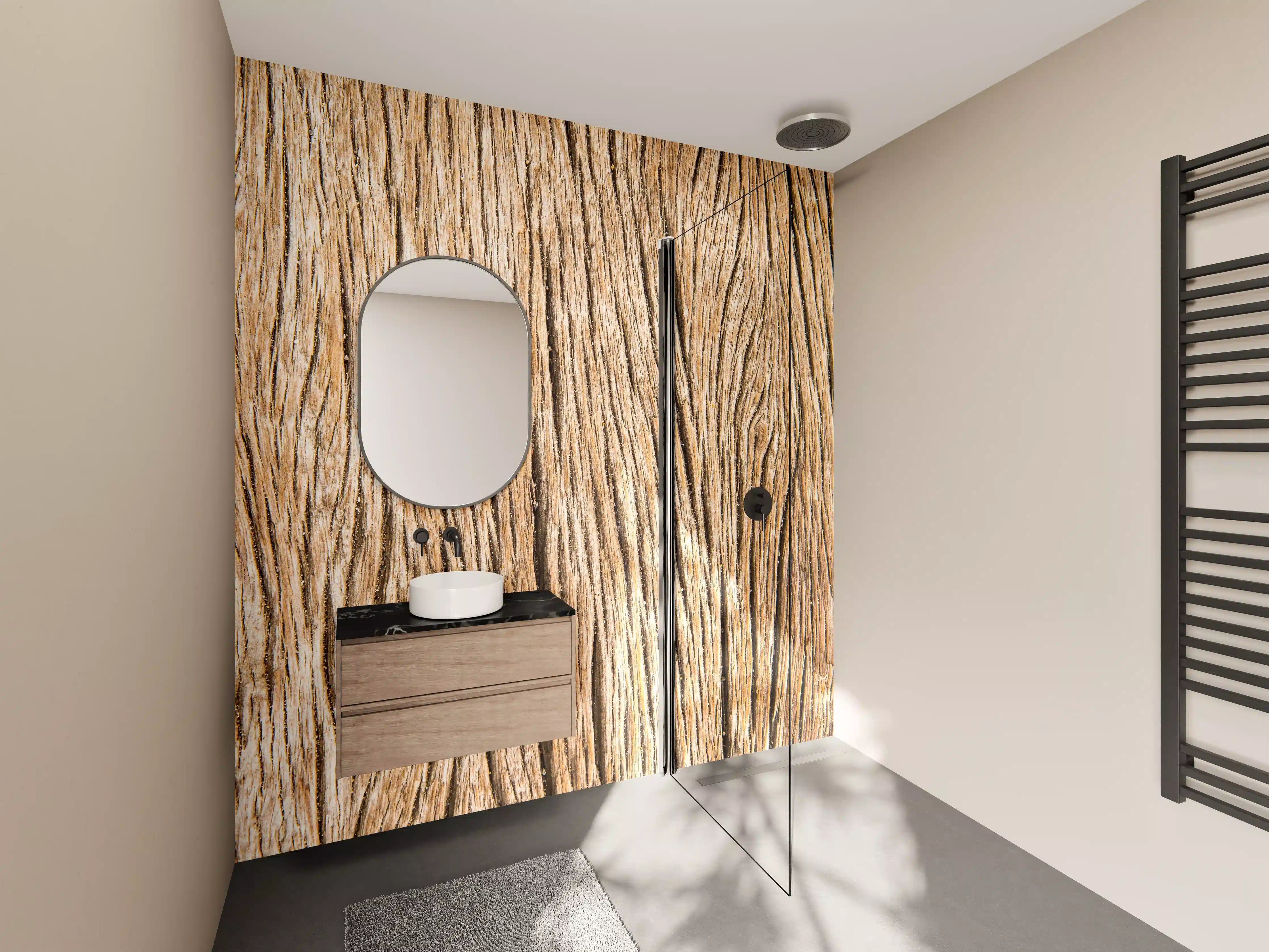 Wandverkleidung Bad - Warme Holzmaserung in Beige und Grau