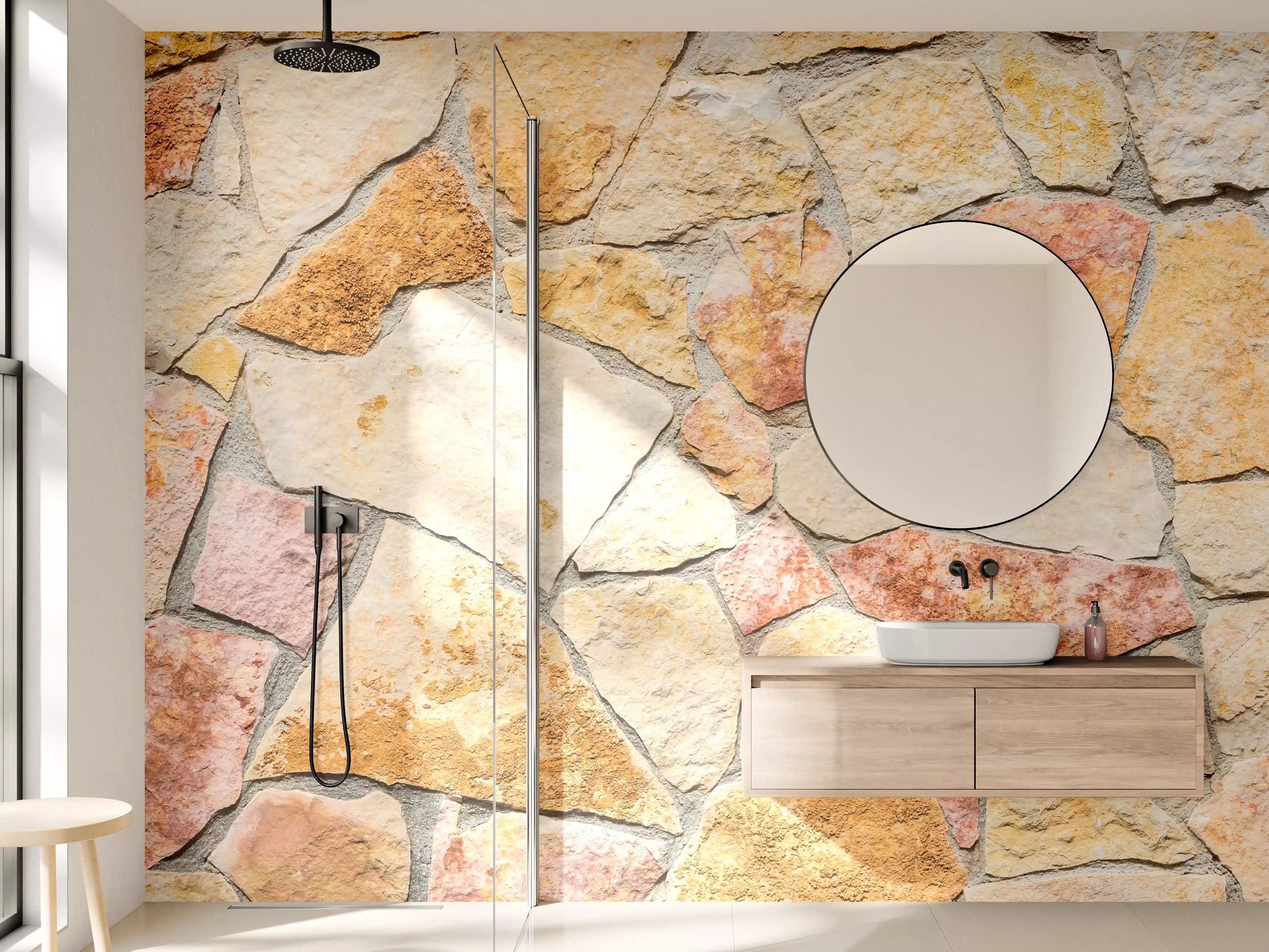 Wandverkleidung Bad - Warme Sandsteinmauer in Erdtönen