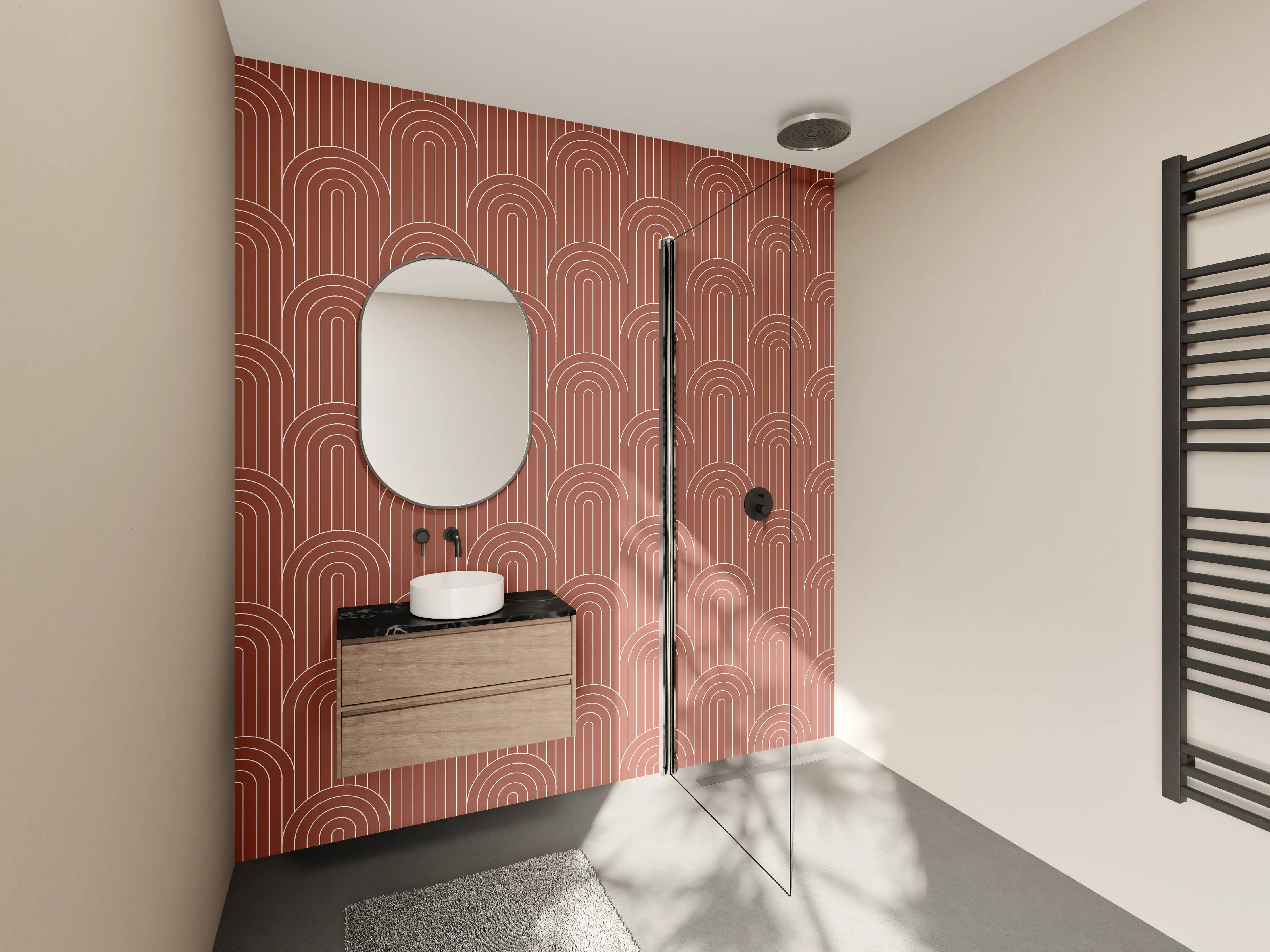 Wandverkleidung Bad - Warme Terrakotta-Wand mit modernen Mustern