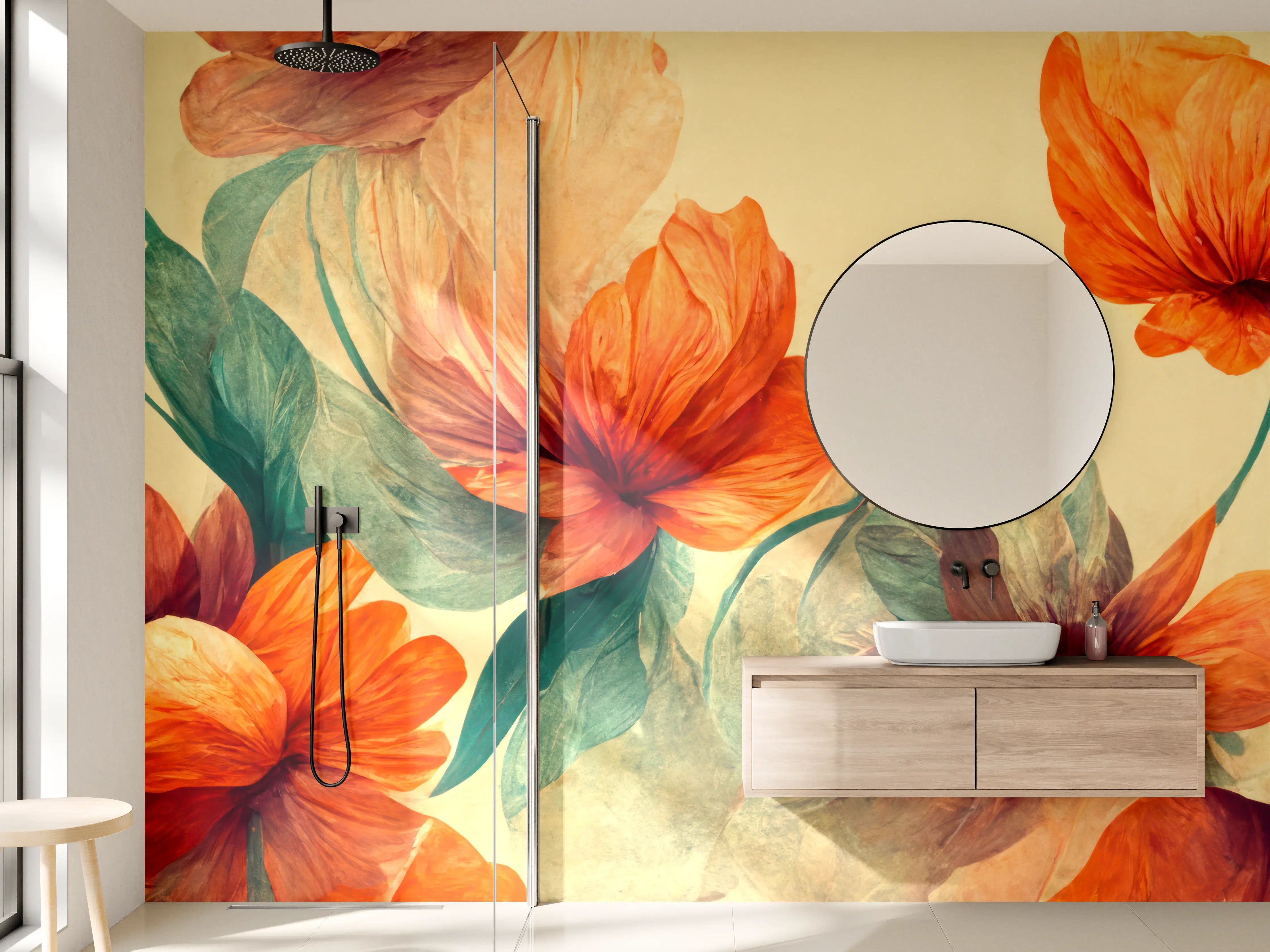 Wandverkleidung Bad - Warmer Blumenfrühlingsstrauß in Orange und Grün