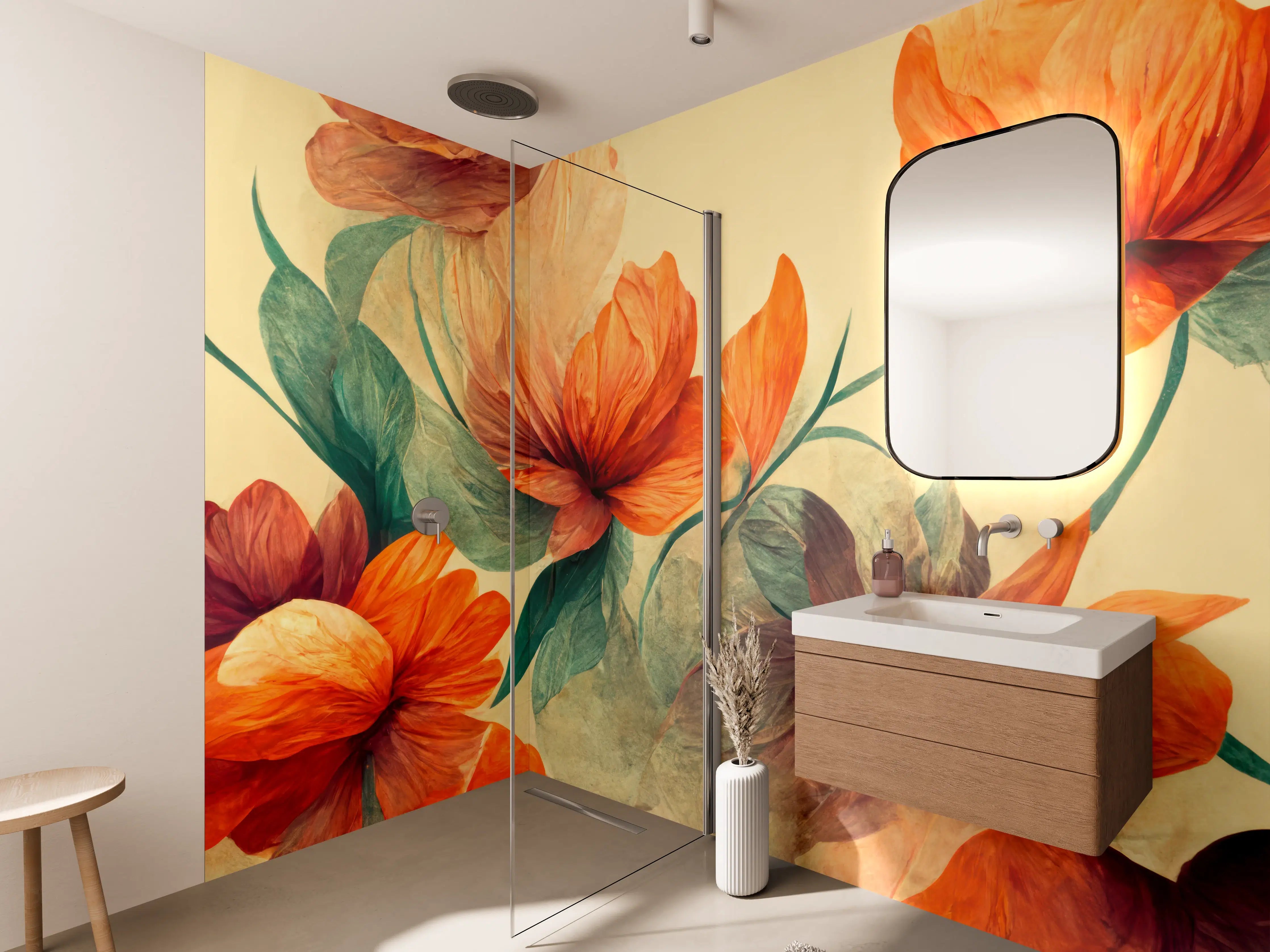 Wandverkleidung Bad - Warmer Blumenfrühlingsstrauß in Orange und Grün