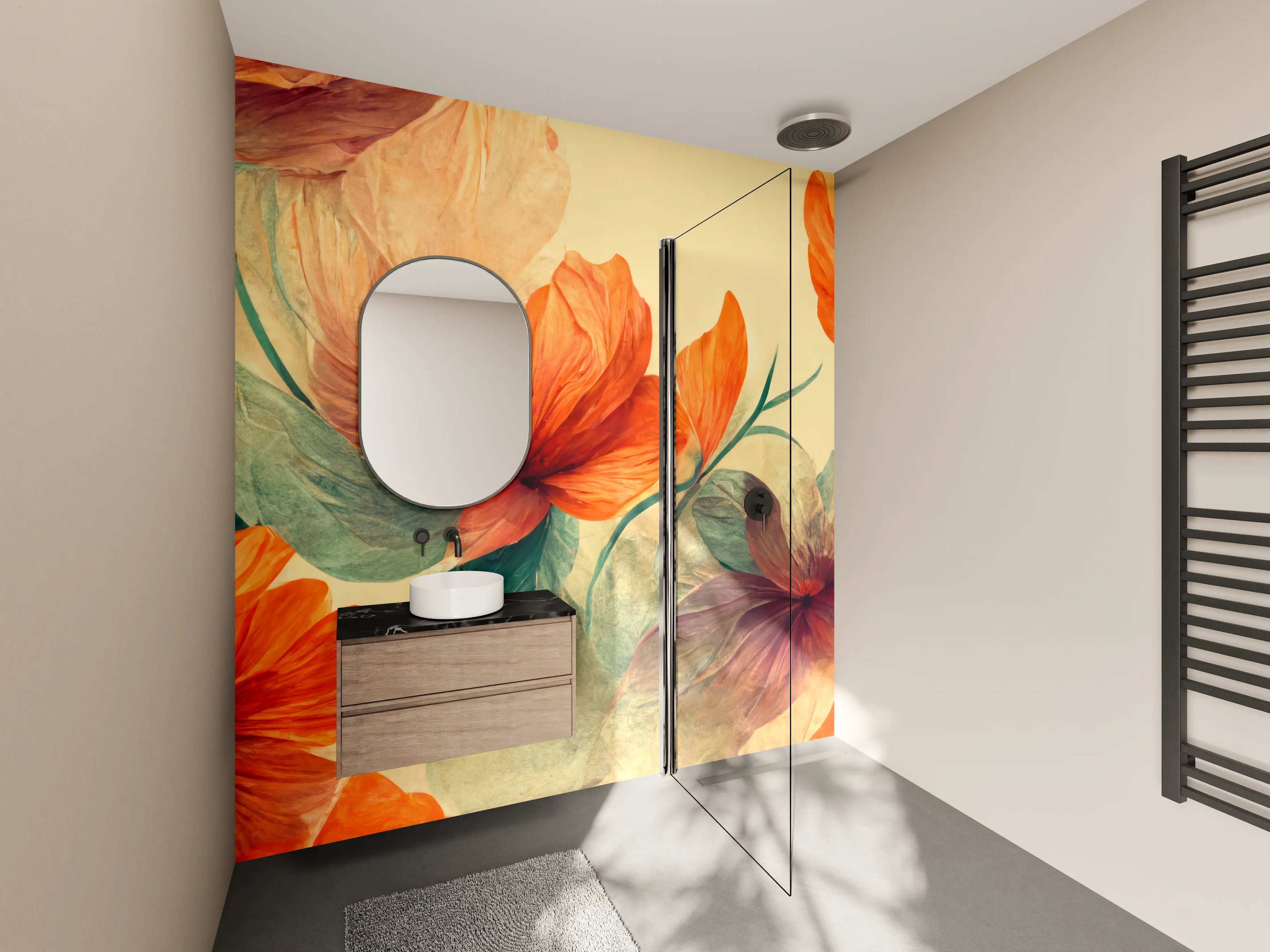 Wandverkleidung Bad - Warmer Blumenfrühlingsstrauß in Orange und Grün