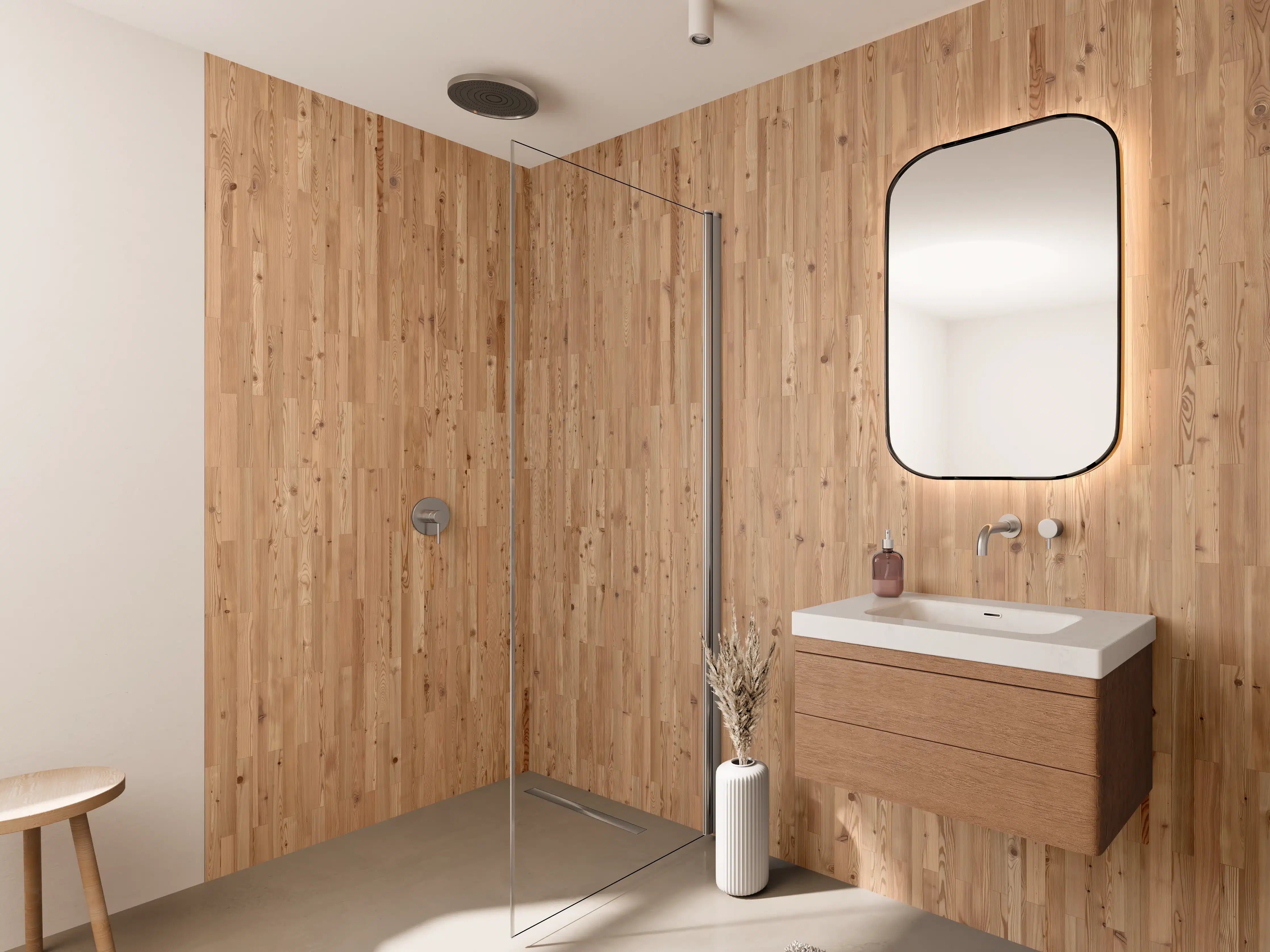 Wandverkleidung Bad - Warmer Holzparkett mit natürlicher Maserung