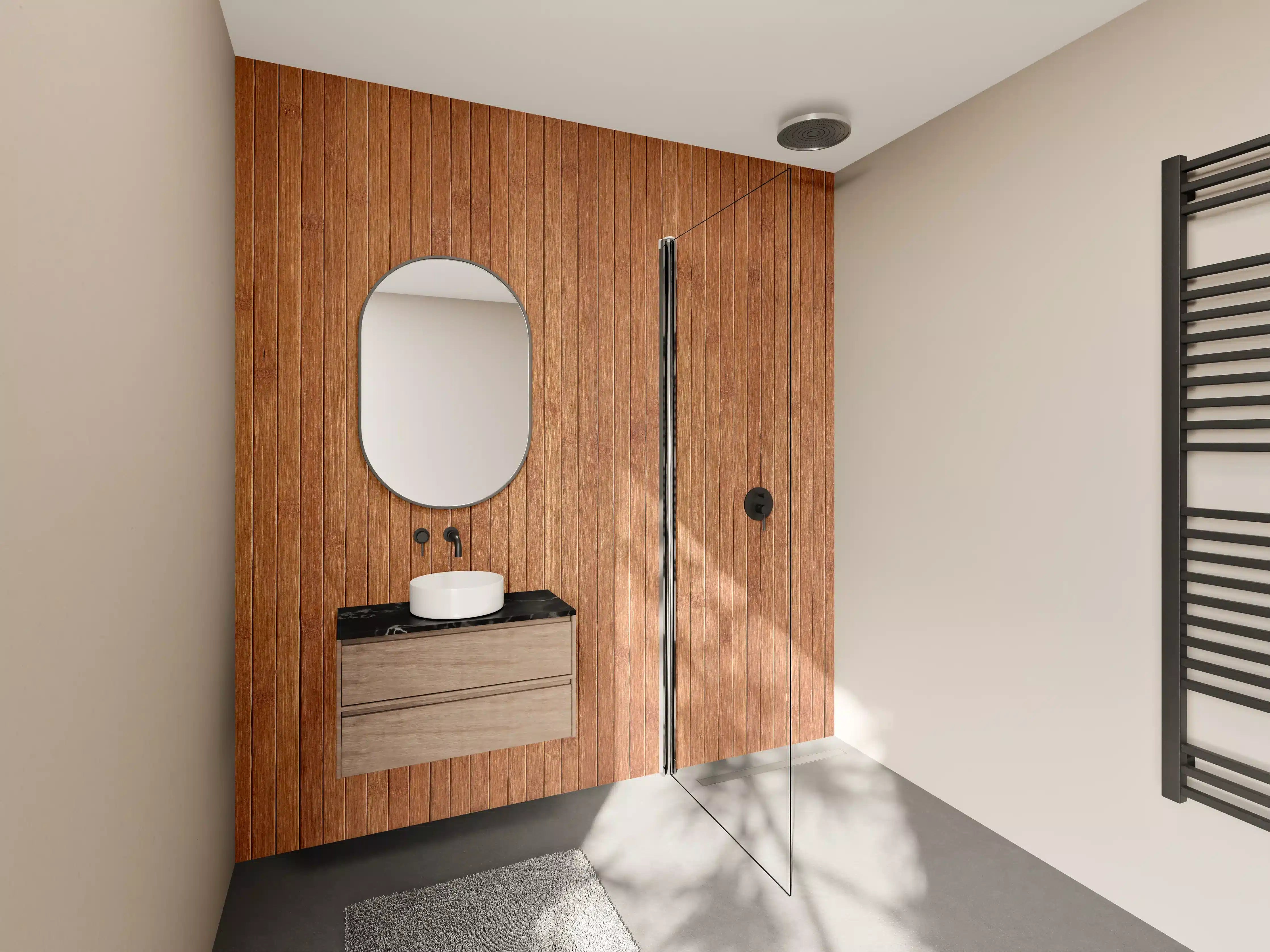 Wandverkleidung Bad - Warmer Holzstreifen mit feiner Maserung