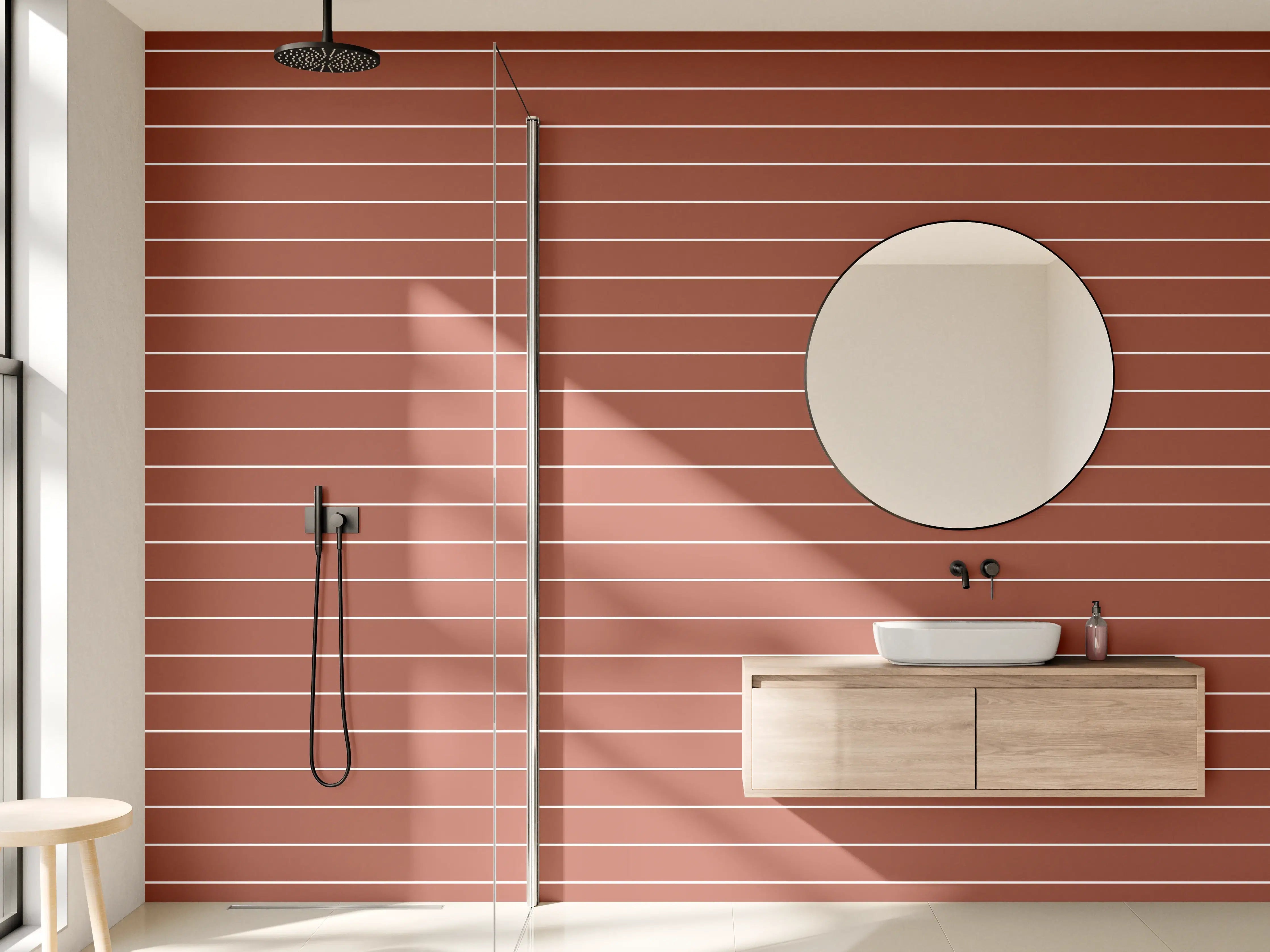 Wandverkleidung Bad - Warmer Terrakotta-Streifen mit weißen Linien
