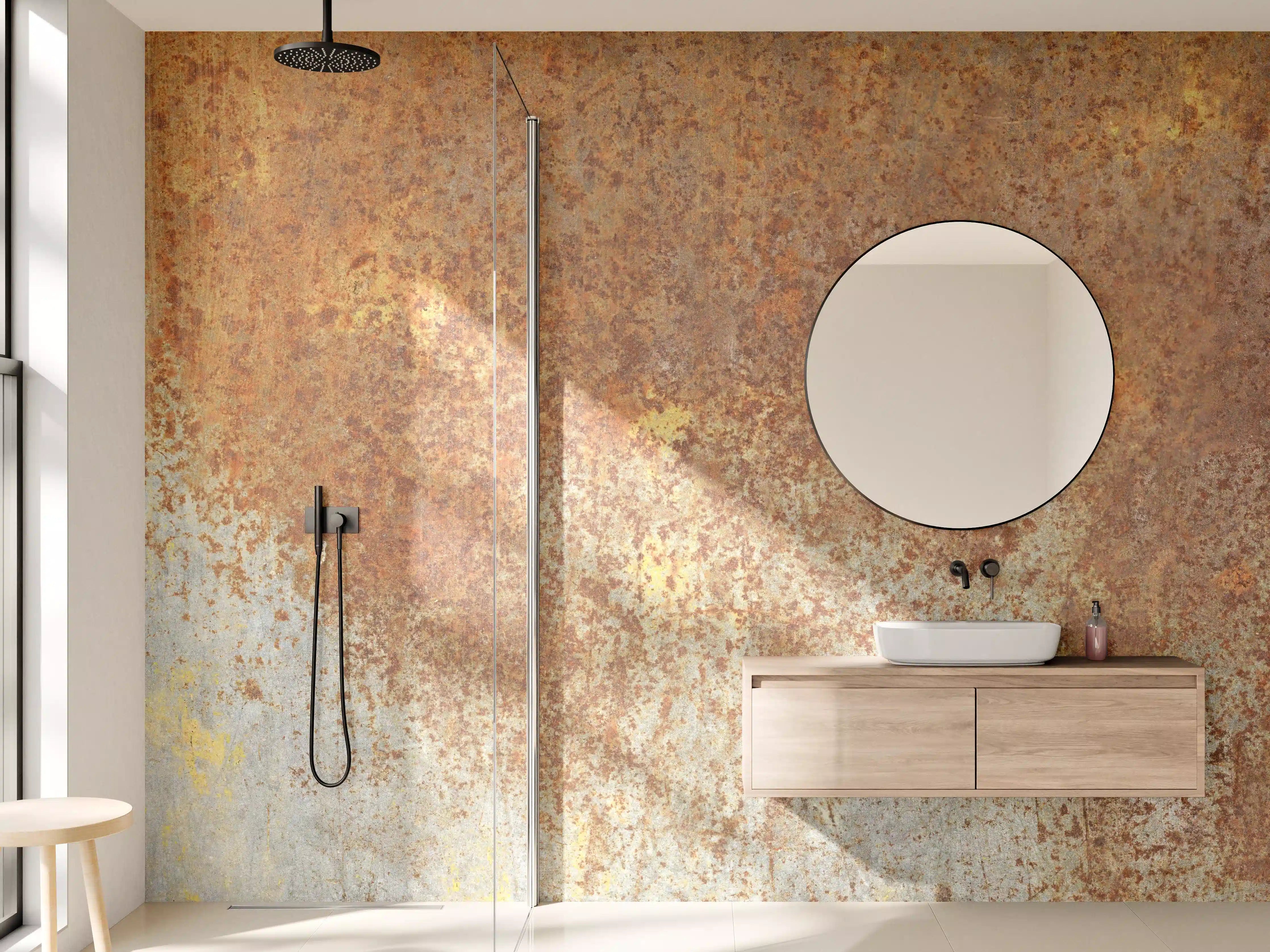 Wandverkleidung Bad - Warmes Metall-Design mit Graunuancen