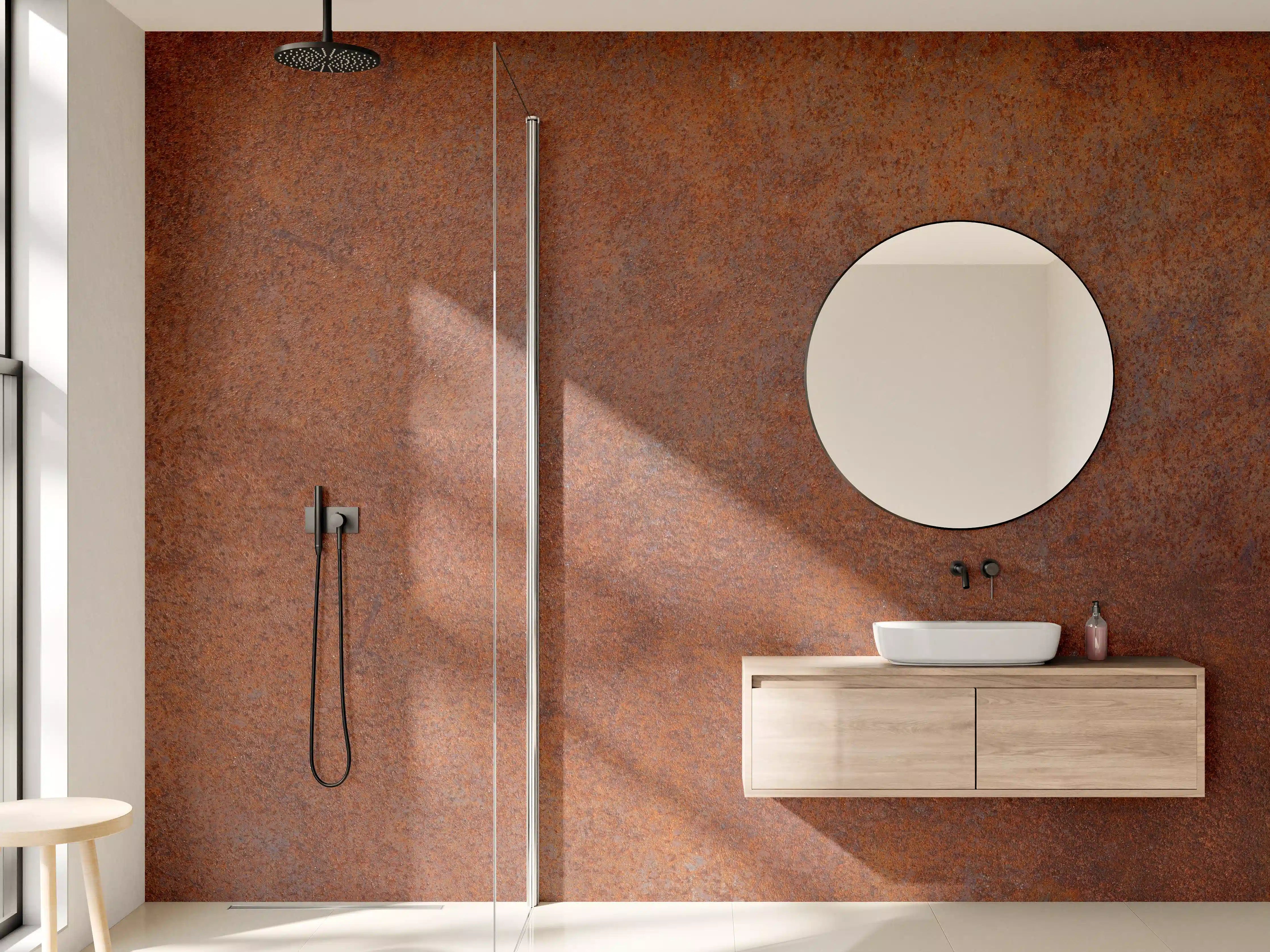 Wandverkleidung Bad - Warmgraue Metall-Textur mit Weißnuancen