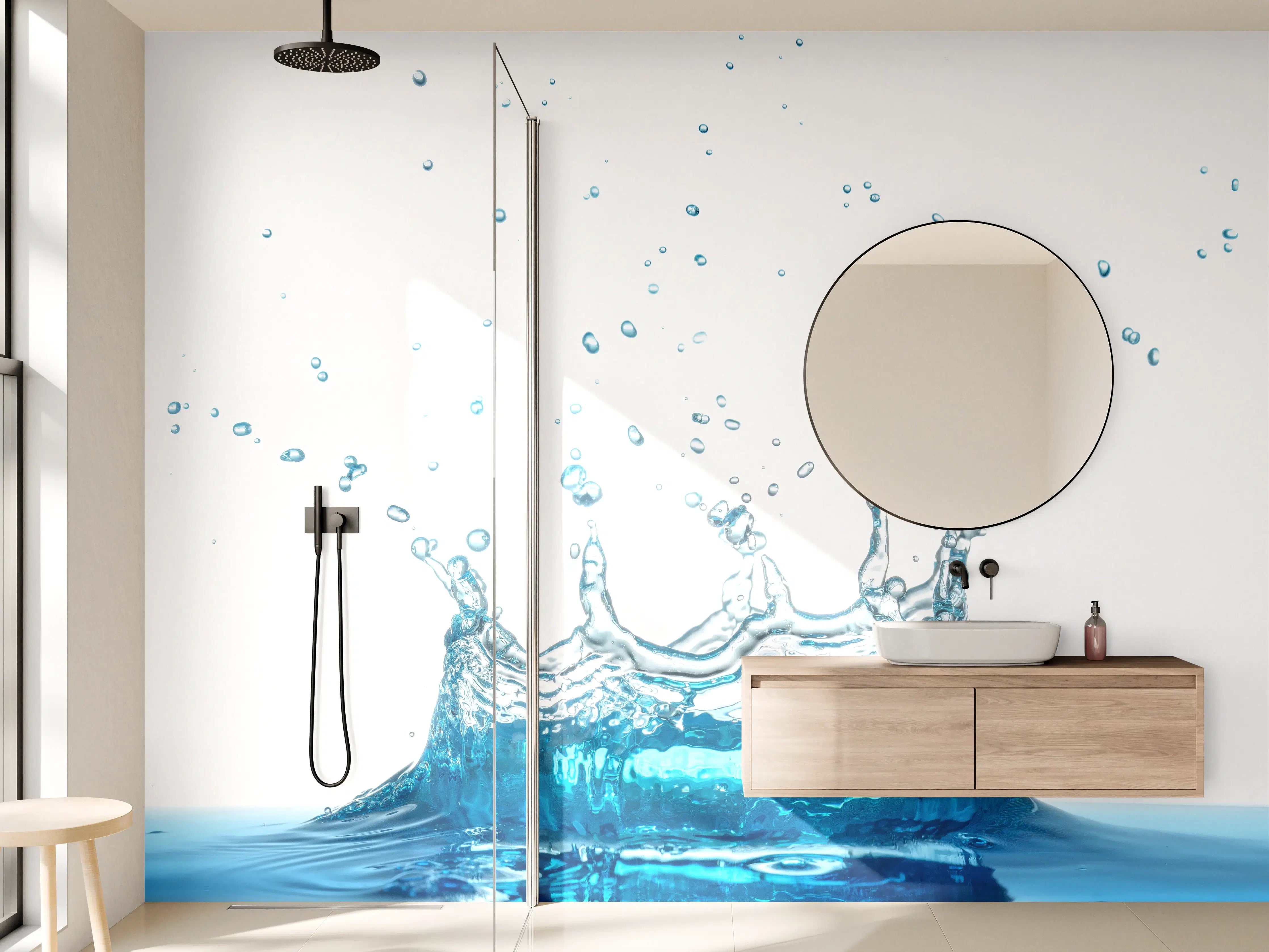 Wandverkleidung Bad - Wassersplash in Blau und Weiß