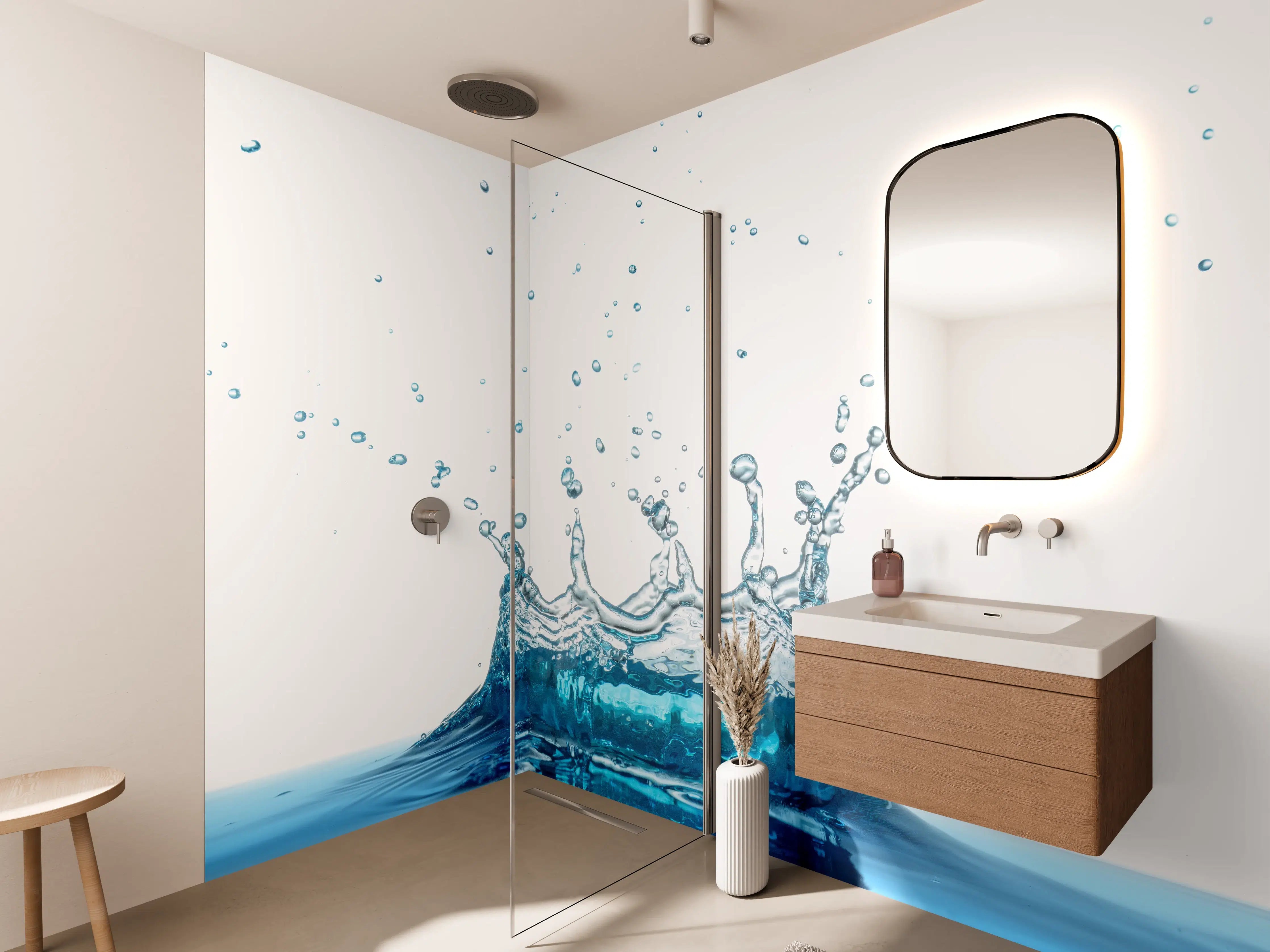 Wandverkleidung Bad - Wassersplash in Blau und Weiß