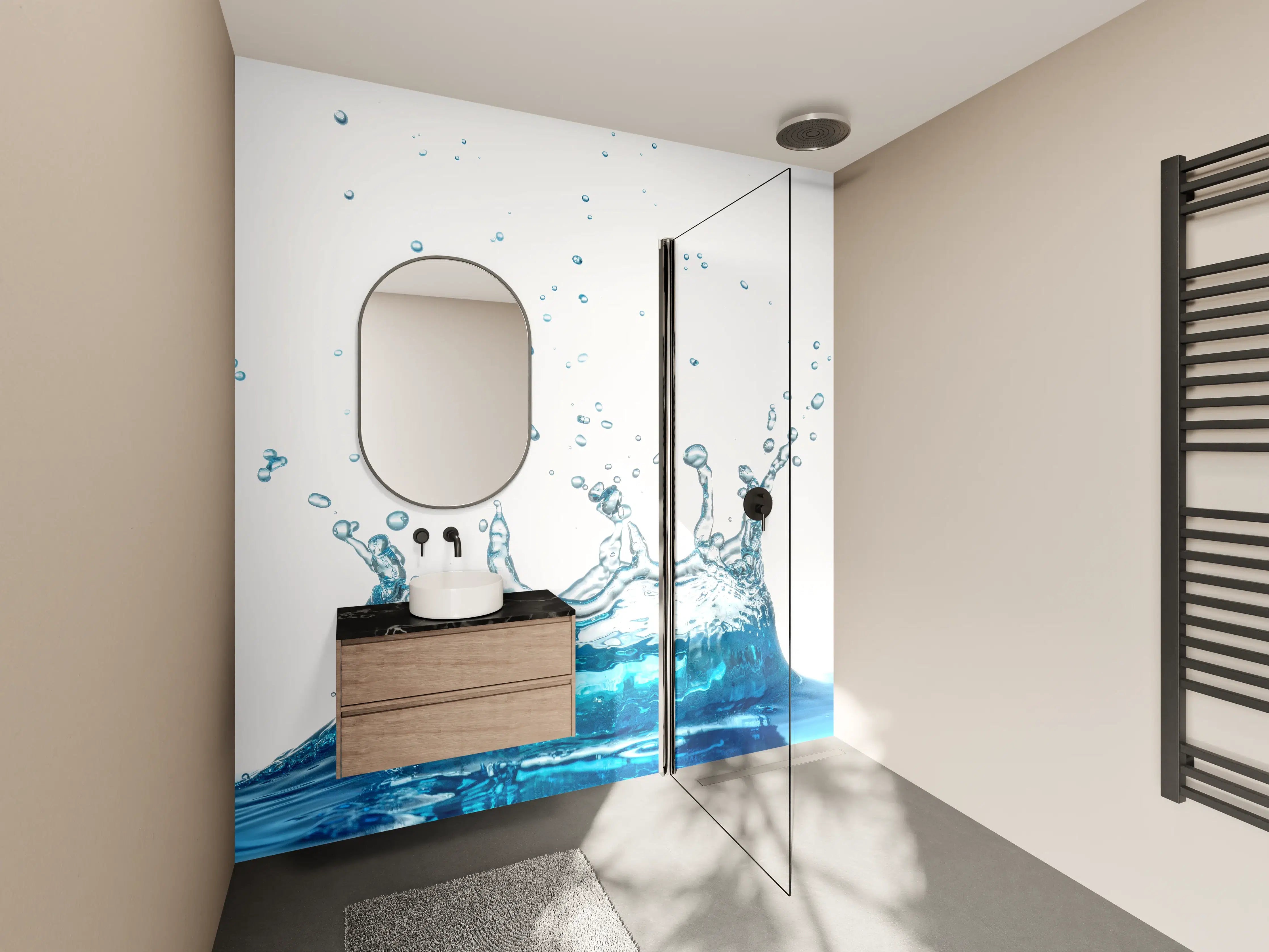 Wandverkleidung Bad - Wassersplash in Blau und Weiß