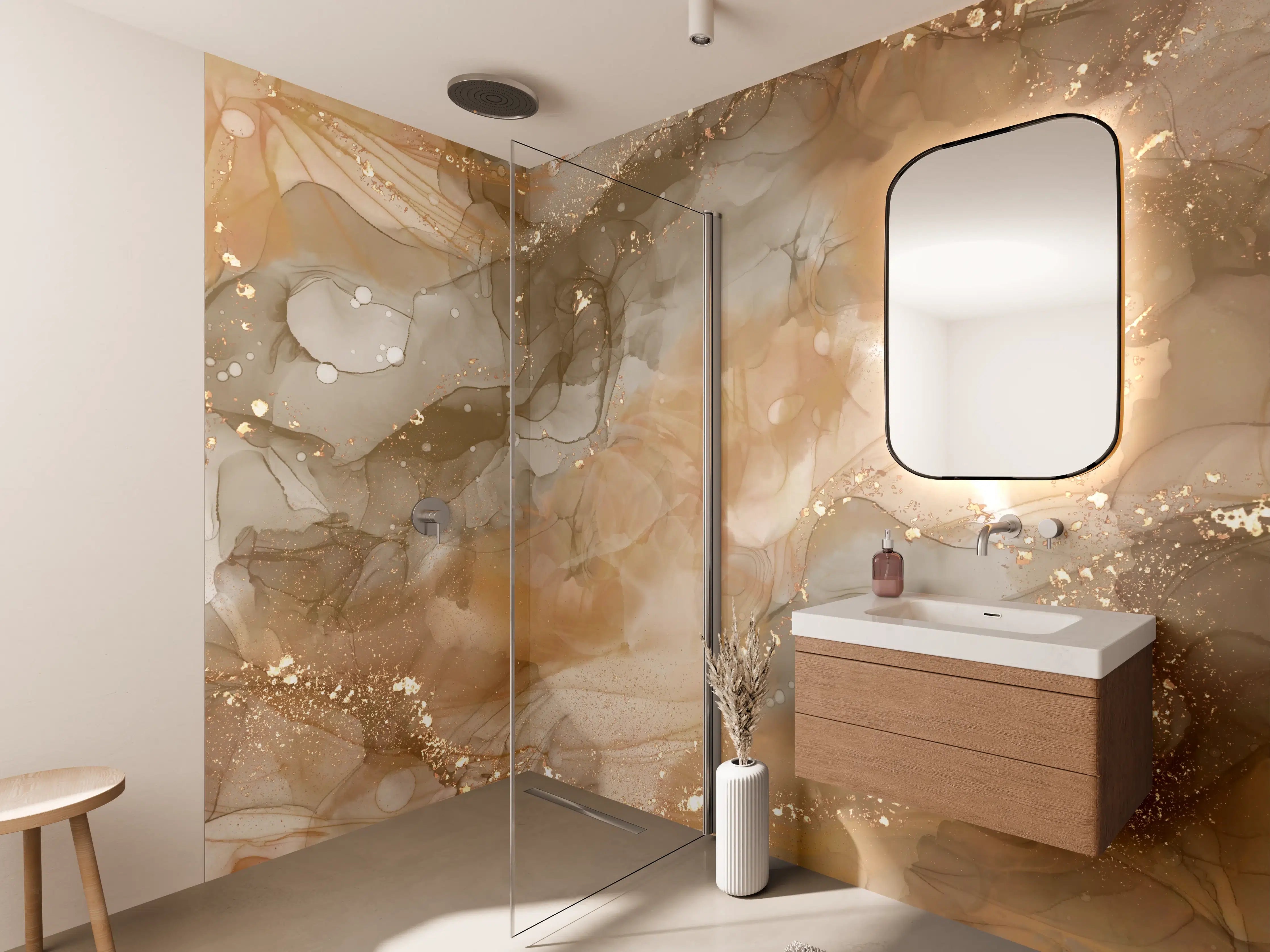 Wandverkleidung Bad - Weiche Beige-Graue Muster mit Goldakzenten