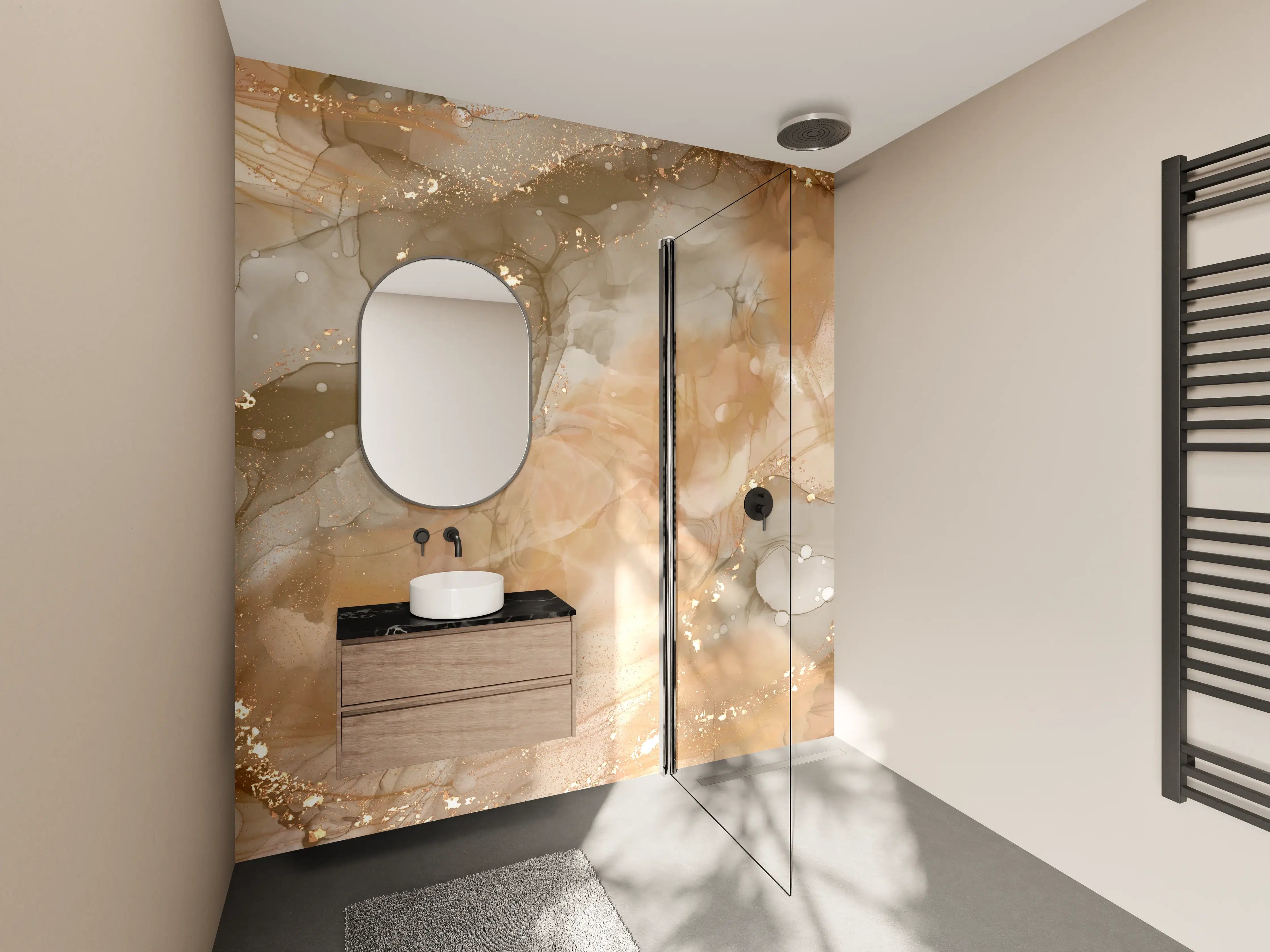Wandverkleidung Bad - Weiche Beige-Graue Muster mit Goldakzenten