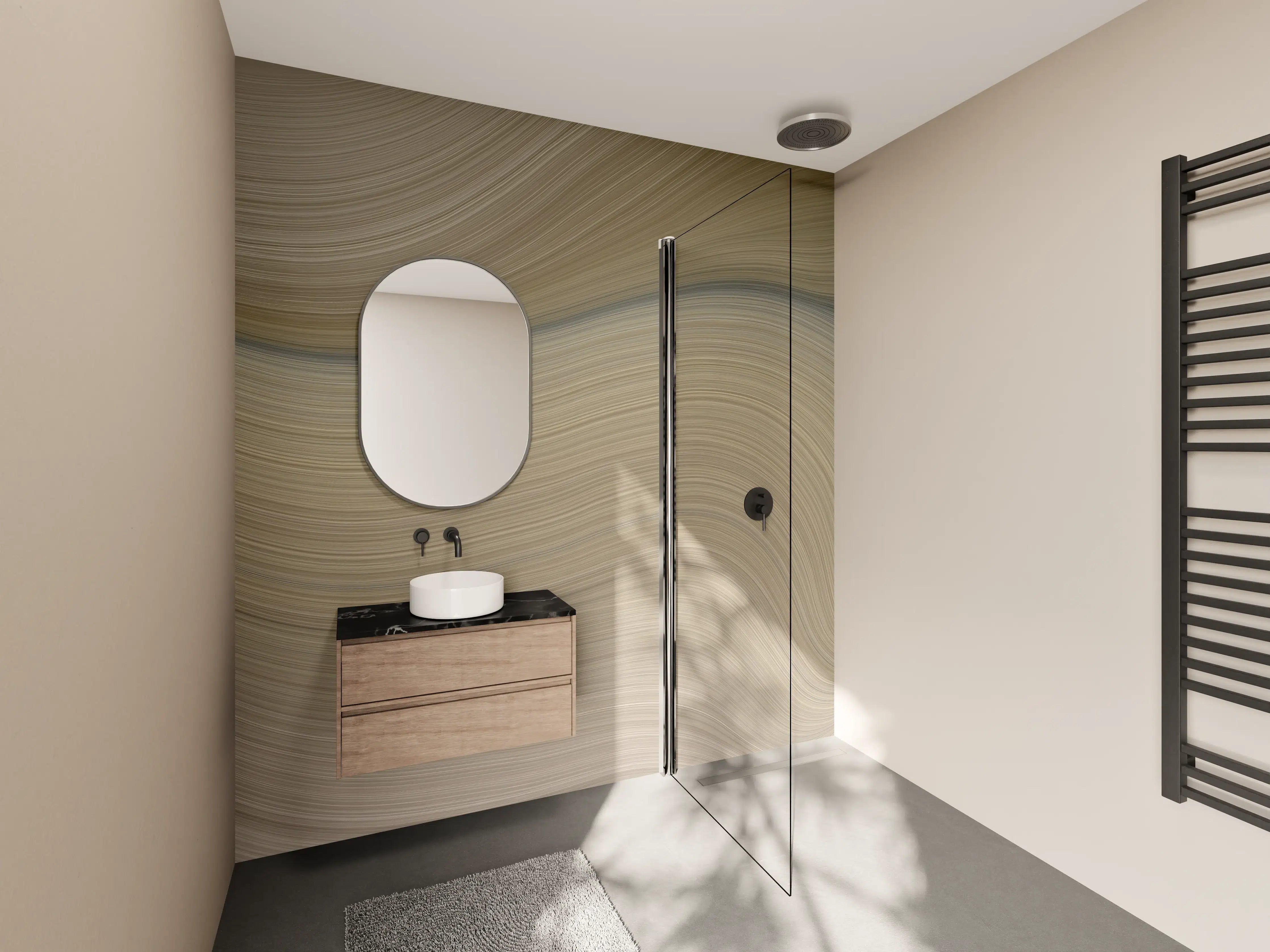 Wandverkleidung Bad - Weiche Beige-Graue Textur mit dunklen Akzenten