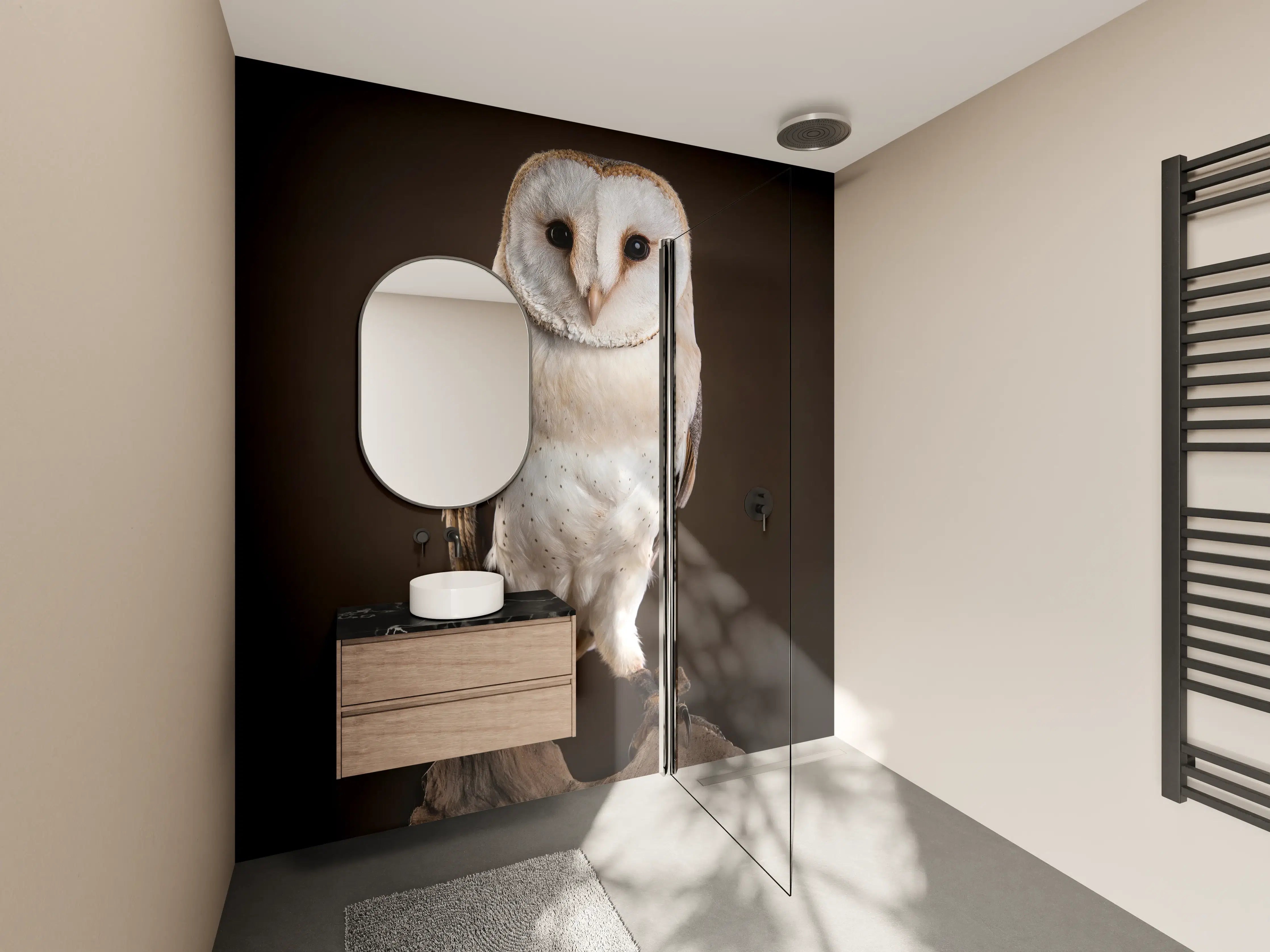 Wandverkleidung Bad - Weiß-Brauner Waldkauz auf Ast