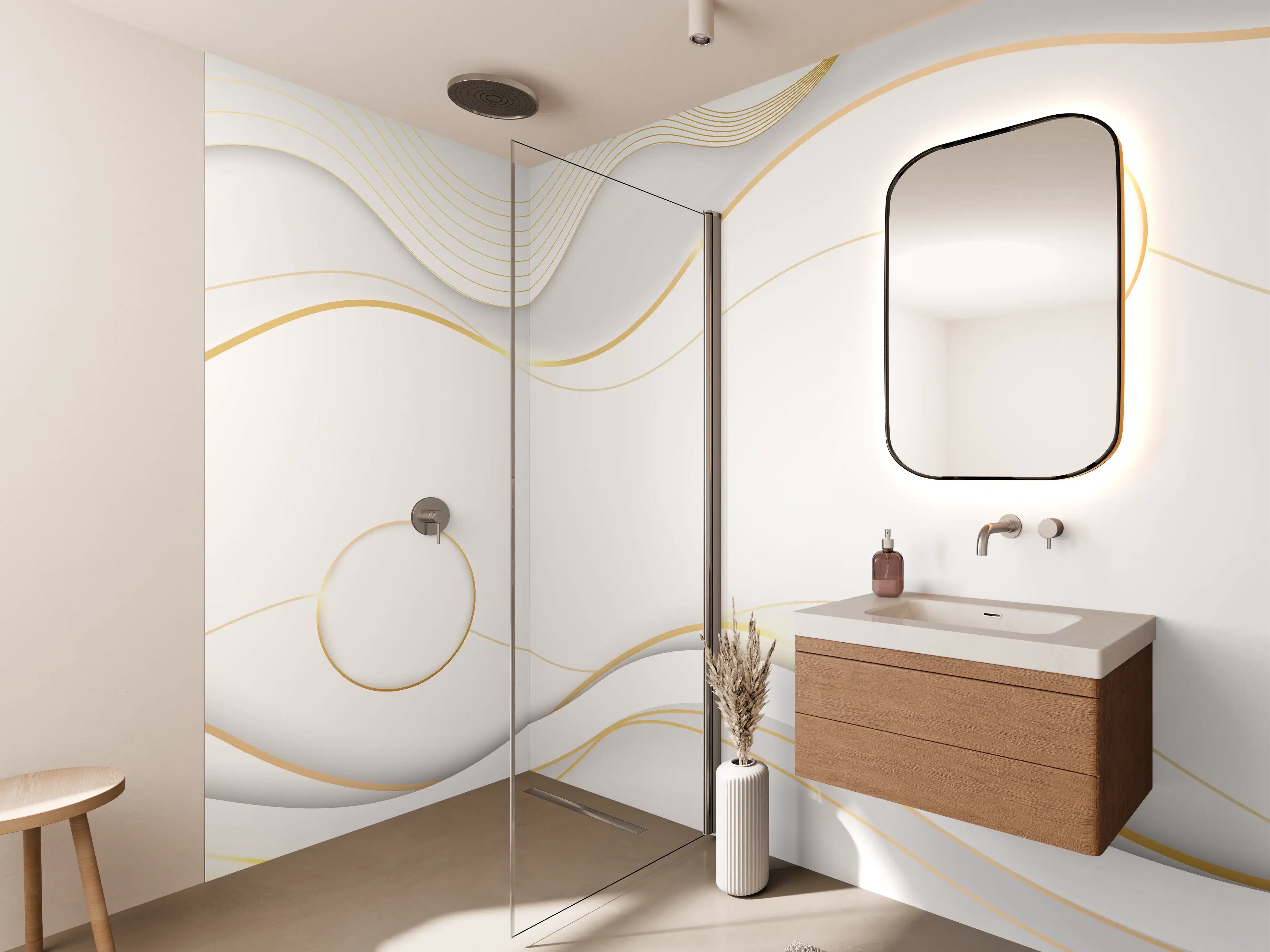Wandverkleidung Bad - Weiß-Goldene Wellen Grafik