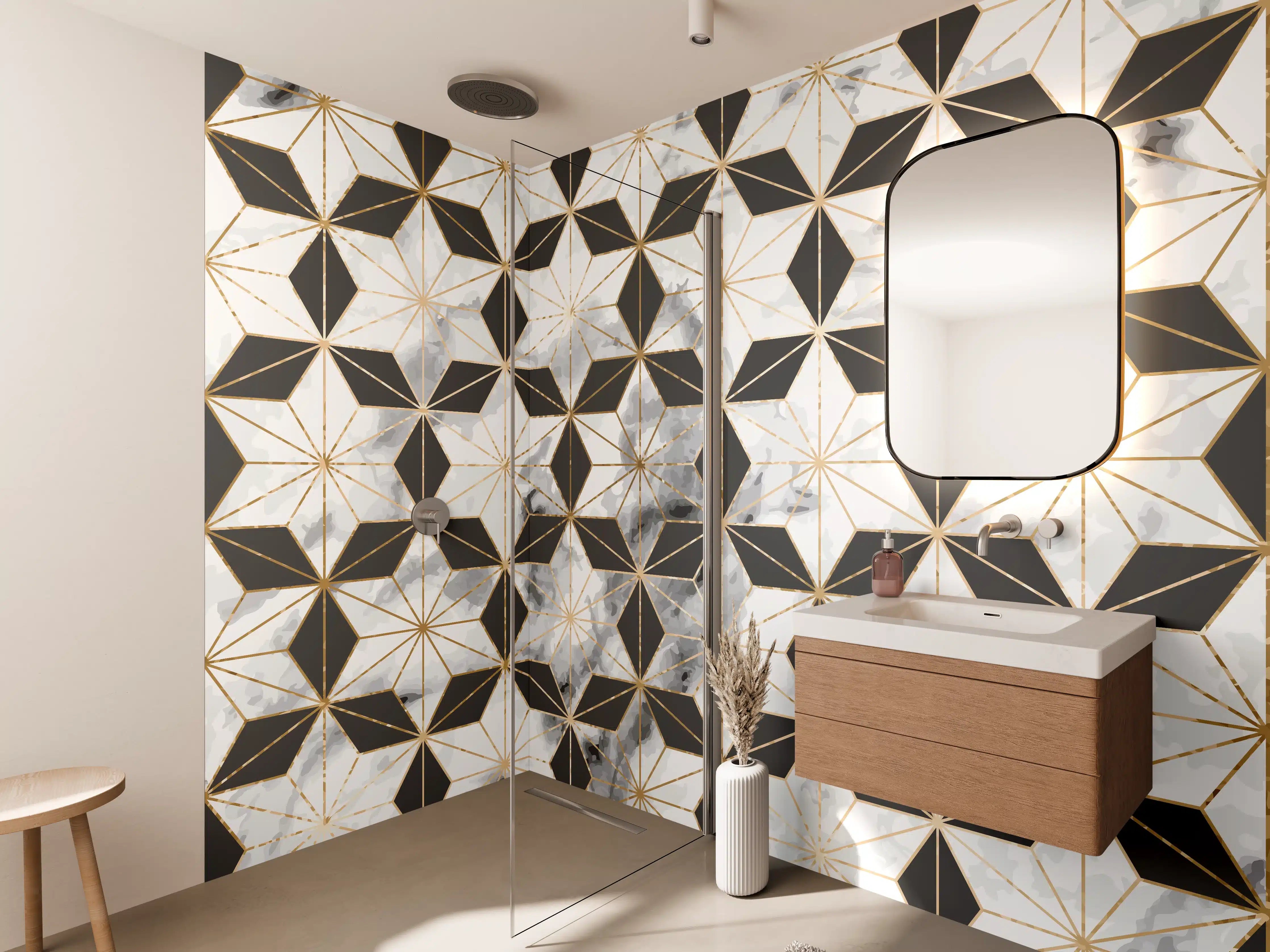 Wandverkleidung Bad - Weiß-Goldenes Musterdesign