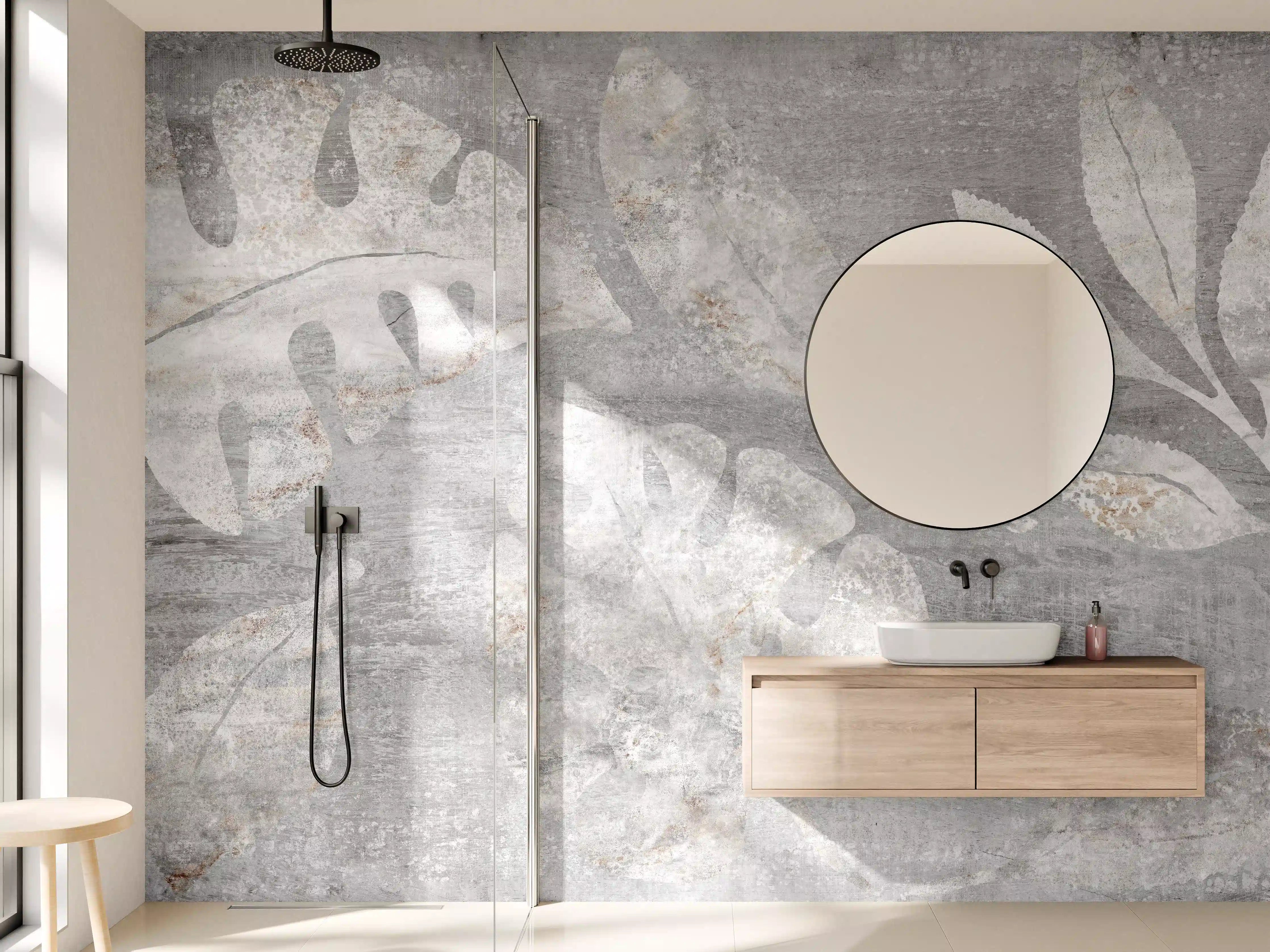 Wandverkleidung Bad - Weiß-Grau Blattmuster Struktur