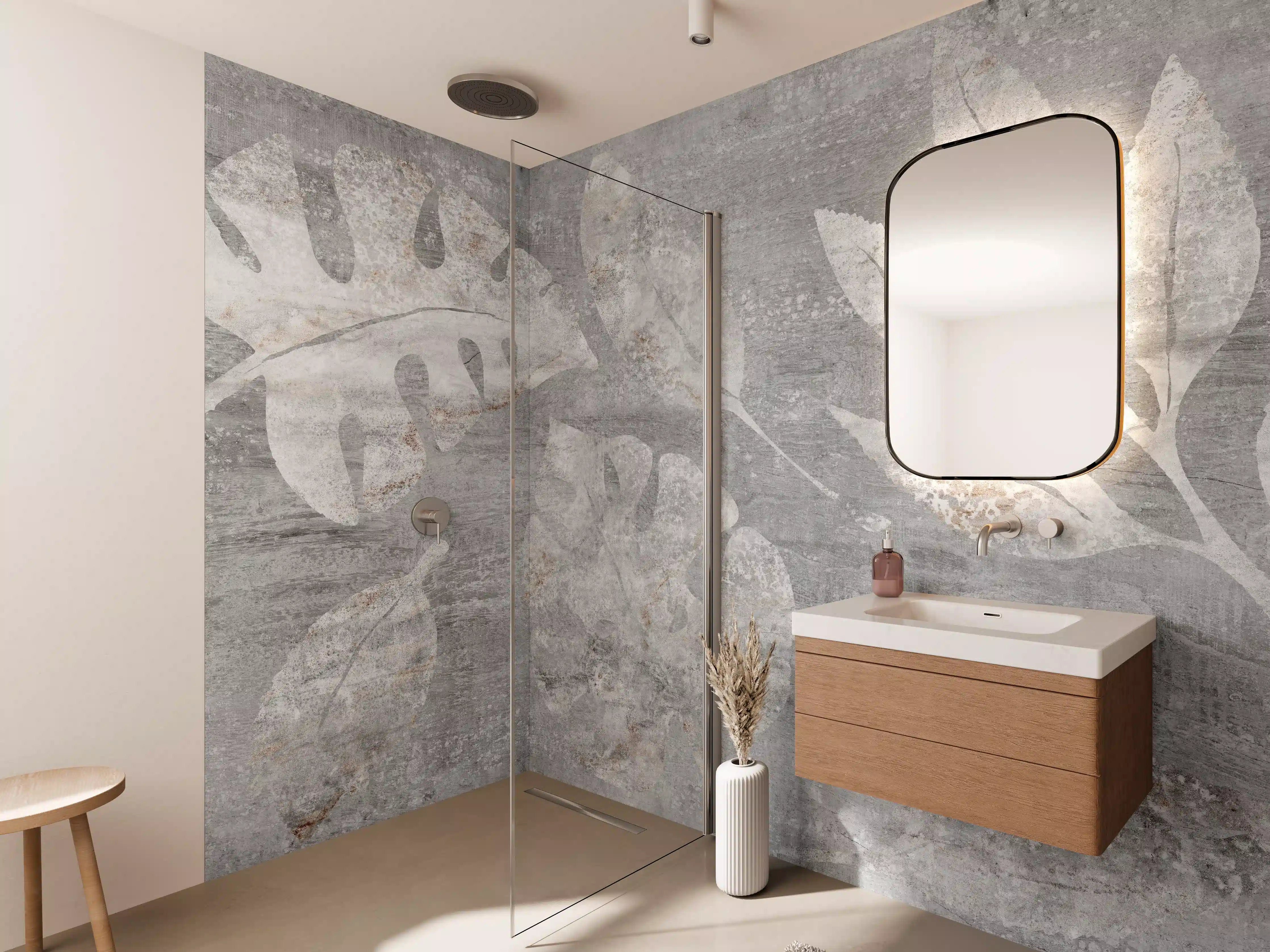 Wandverkleidung Bad - Weiß-Grau Blattmuster Struktur