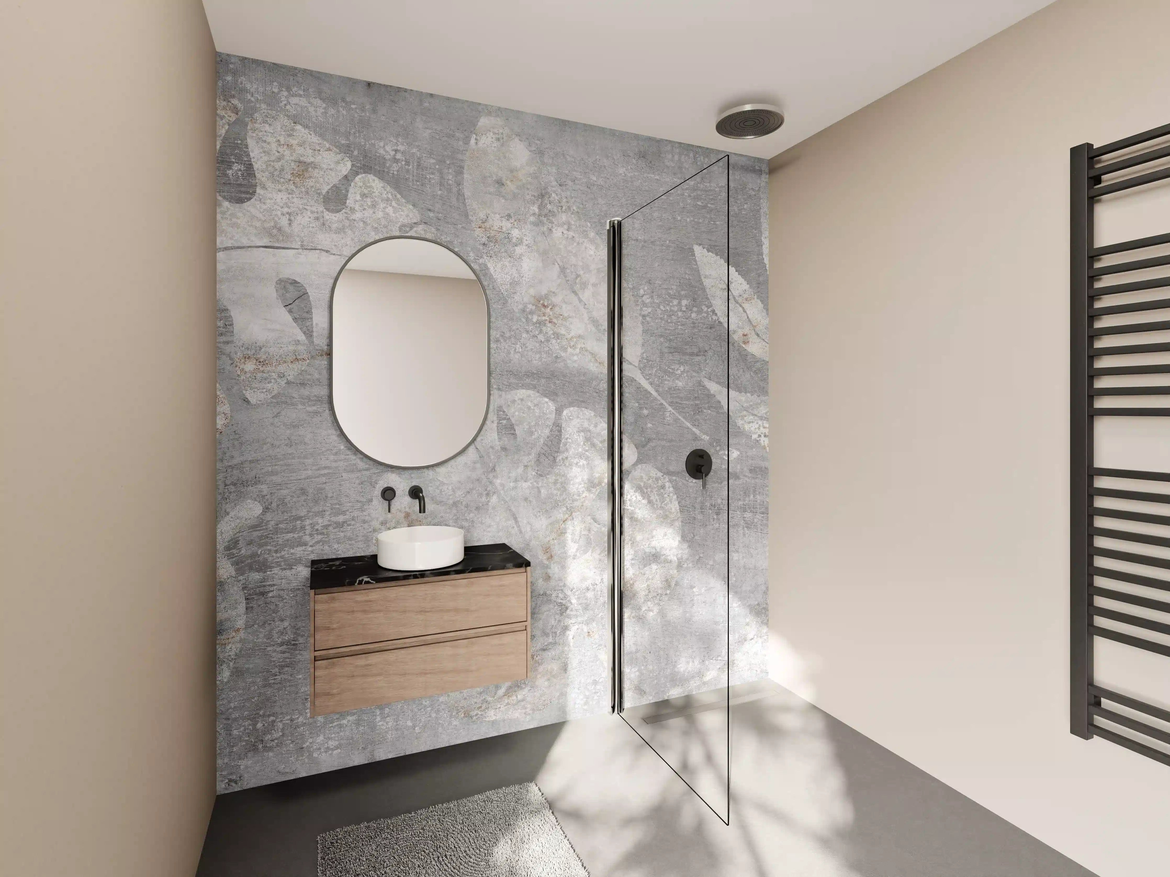 Wandverkleidung Bad - Weiß-Grau Blattmuster Struktur