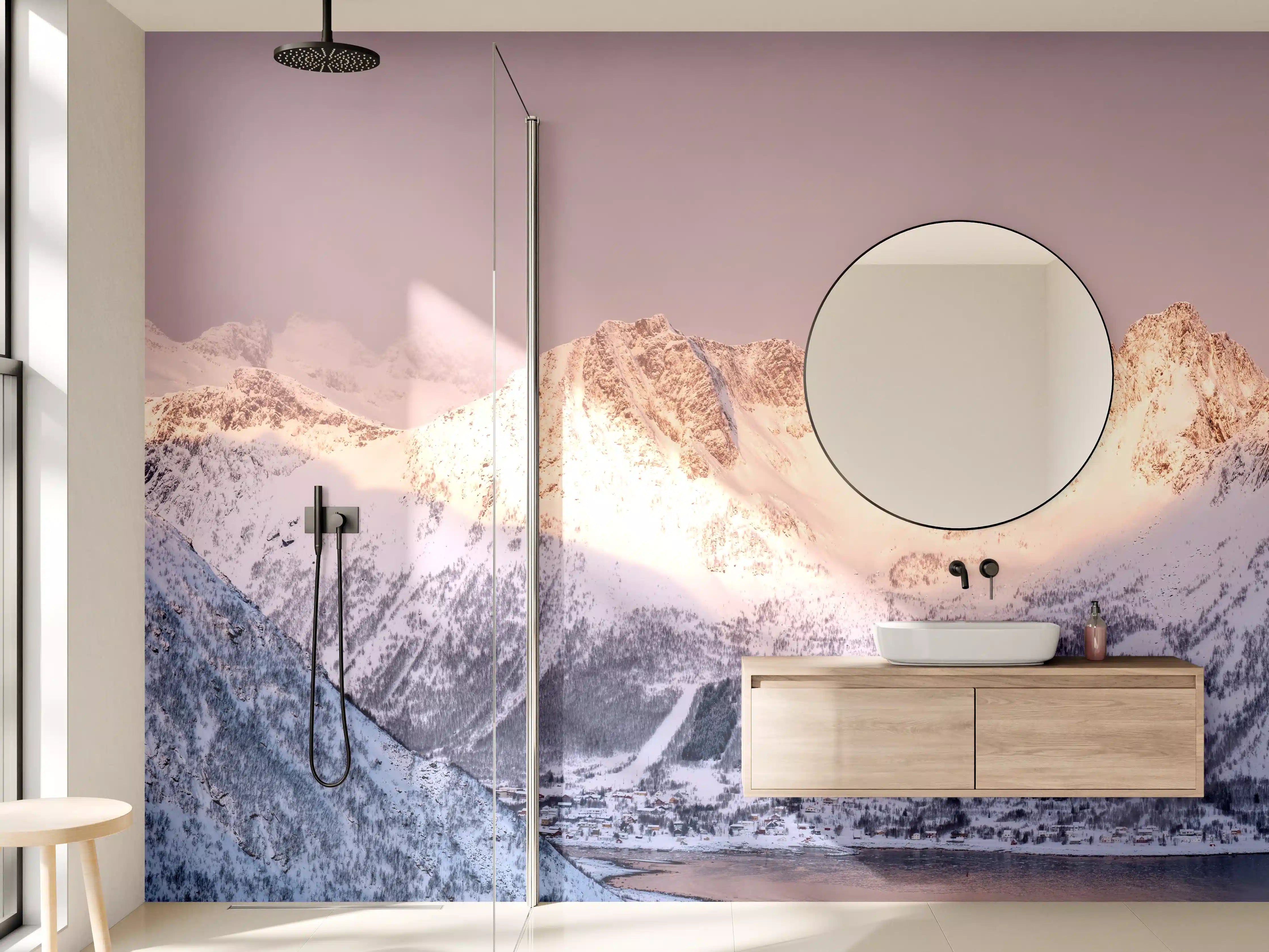 Wandverkleidung Bad - Weiß-Grau-Blau Bergpanorama Norwegen